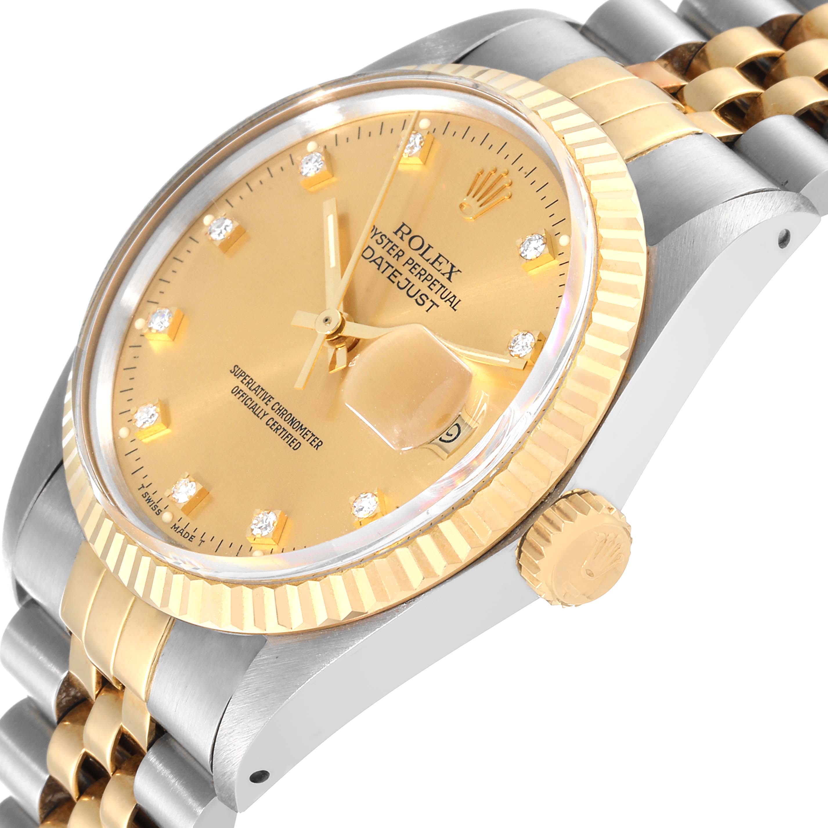 The image shows a close-up side angle of a Rolex Datejust 16013 Men's Steel and Gold (two tone) Champagne Dial 16013 Men's Steel and Gold (two tone) Champagne Dial, highlighting the crown, bezel, dial, and a portion of the bracelet.