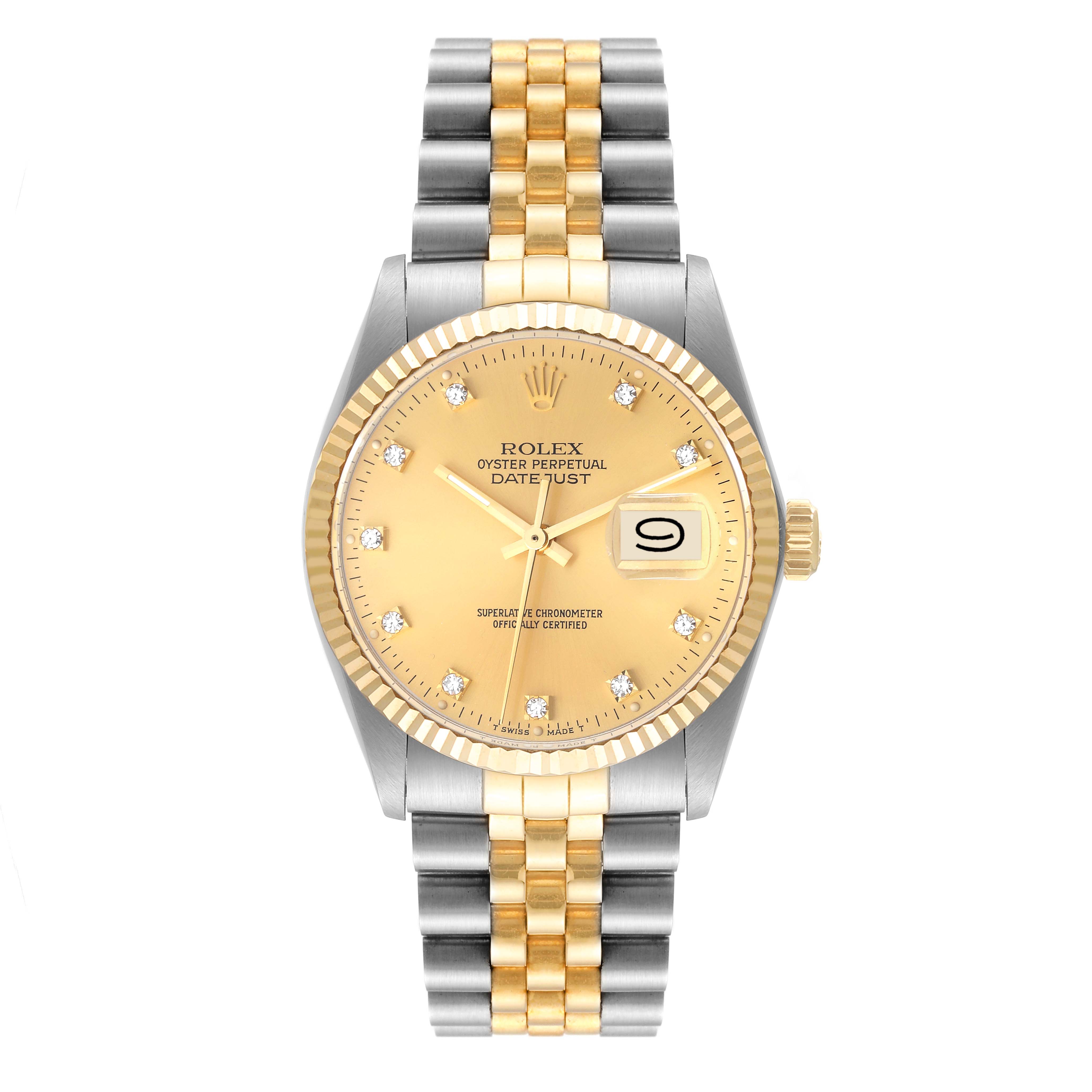 The image shows a front view of a Rolex Datejust 16013 Men's Steel and Gold (two tone) Champagne Dial 16013 Men's Steel and Gold (two tone) Champagne Dial watch, featuring a gold dial, two-tone bracelet, and date display.