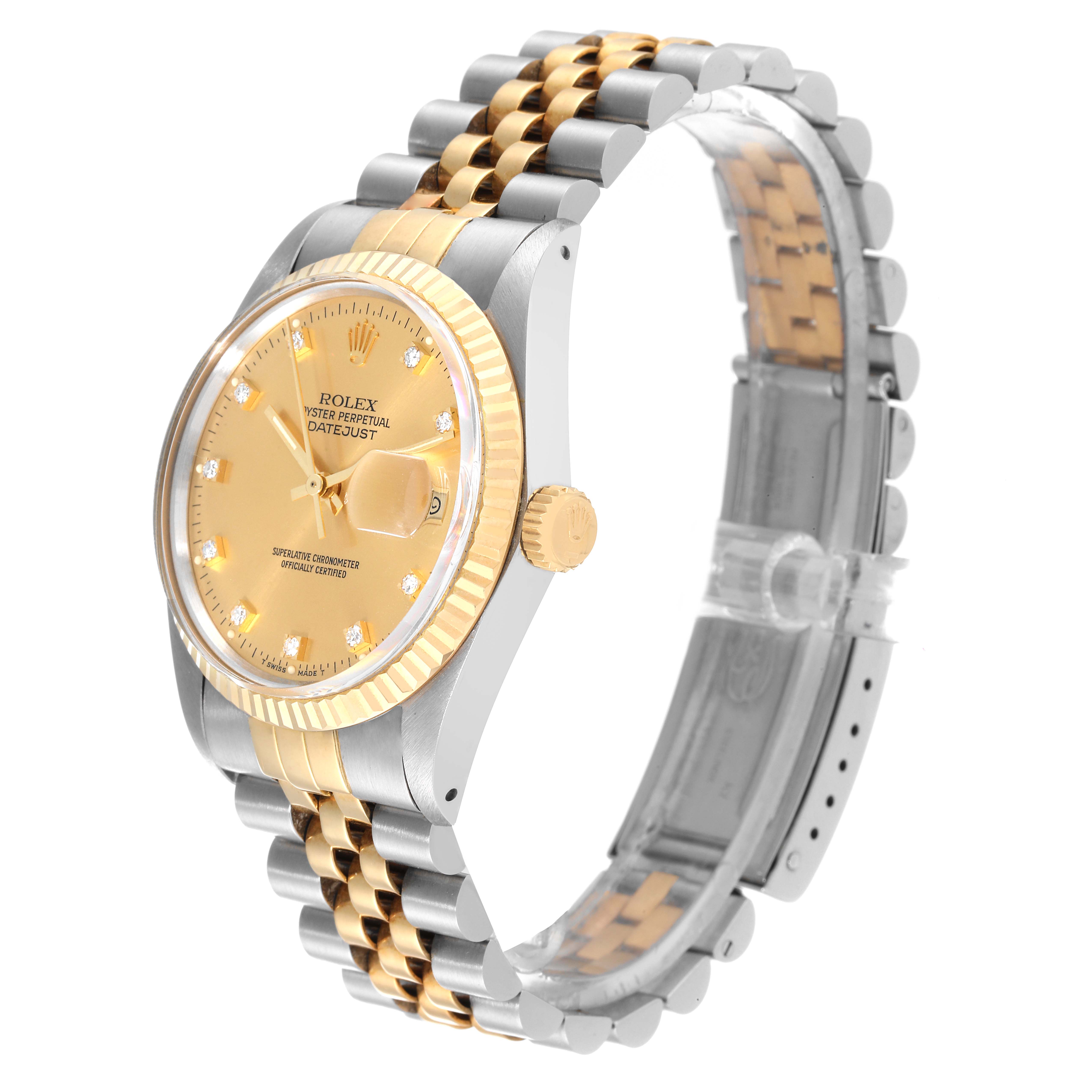 The Rolex Datejust 16013 Men's Steel and Gold (two tone) Champagne Dial 16013 Men's Steel and Gold (two tone) Champagne Dial watch is shown at a 3/4 angle, displaying the dial, crown, and part of the Jubilee bracelet.