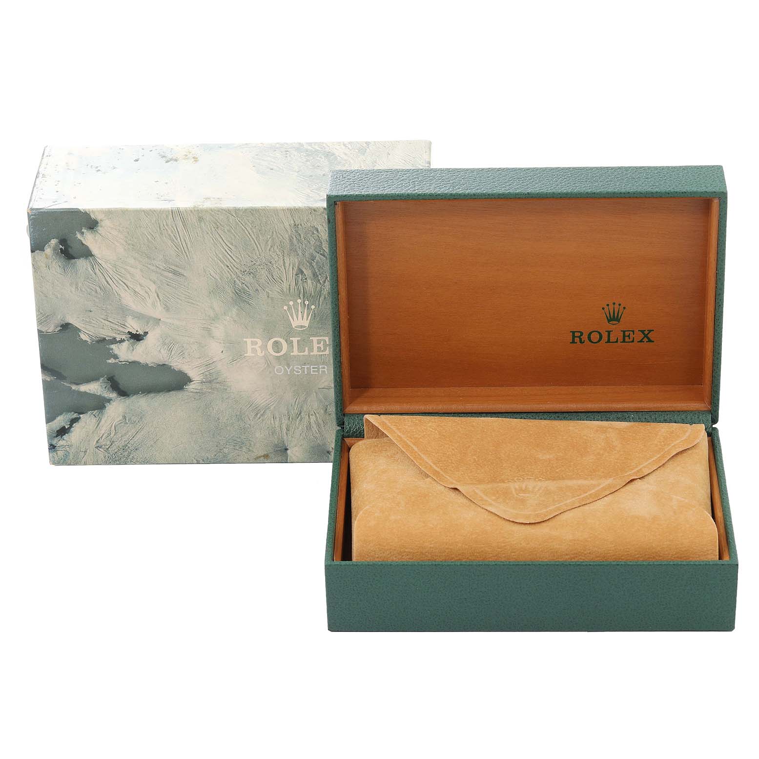 The image shows the open box and protective pouch for a Rolex Datejust 16013 Men's Steel and Gold (two tone) Champagne Dial 16013 Men's Steel and Gold (two tone) Champagne Dial watch, with the outer box partially visible.