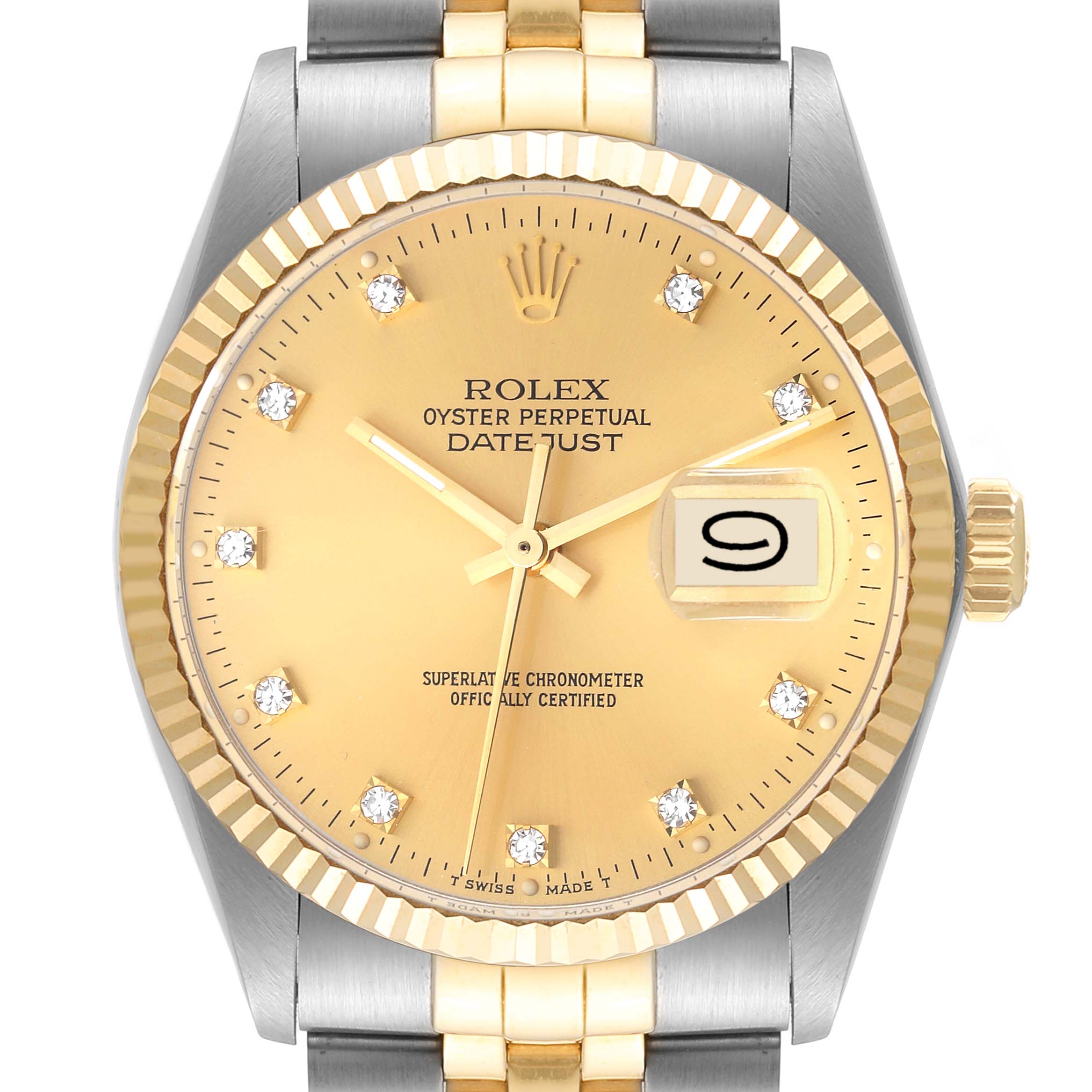 This image shows a front view of the Rolex Datejust 16013 Men's Steel and Gold (two tone) Champagne Dial 16013 Men's Steel and Gold (two tone) Champagne Dial watch, highlighting the gold dial, date display, and two-tone bracelet.