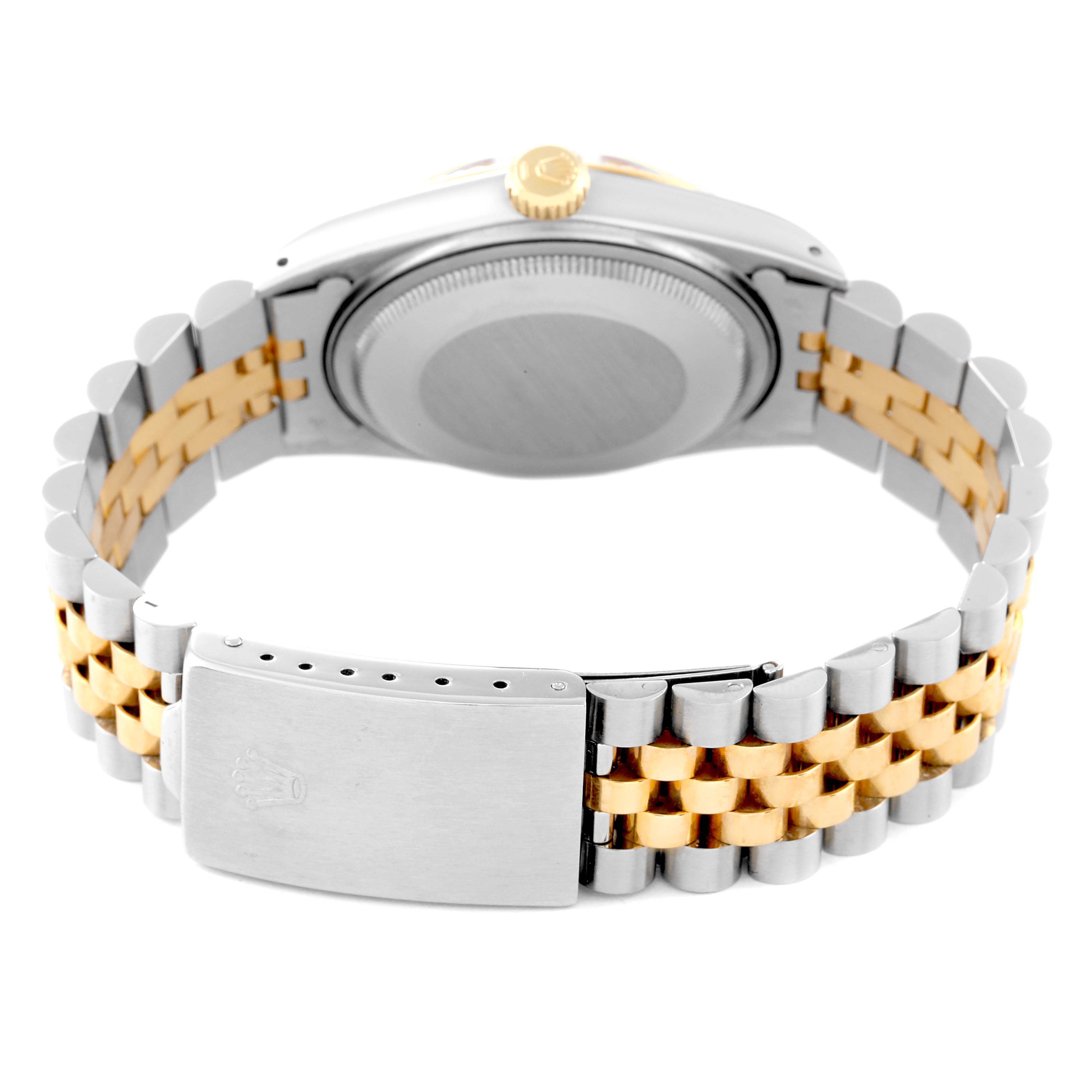 This image shows the back view of a Rolex Datejust 16013 Men's Steel and Gold (two tone) Champagne Dial 16013 Men's Steel and Gold (two tone) Champagne Dial watch, focusing on the case back, crown, and two-tone Jubilee bracelet with clasp.