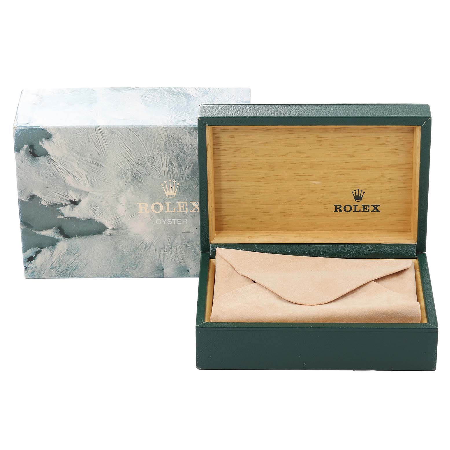 This image shows an open wooden Rolex Vintage Collection 16013 Men
s Steel and Gold (two tone) Champagne Dial 16013 Men
s Steel and Gold (two tone) Champagne Dial watch box with a closed watch pouch inside.