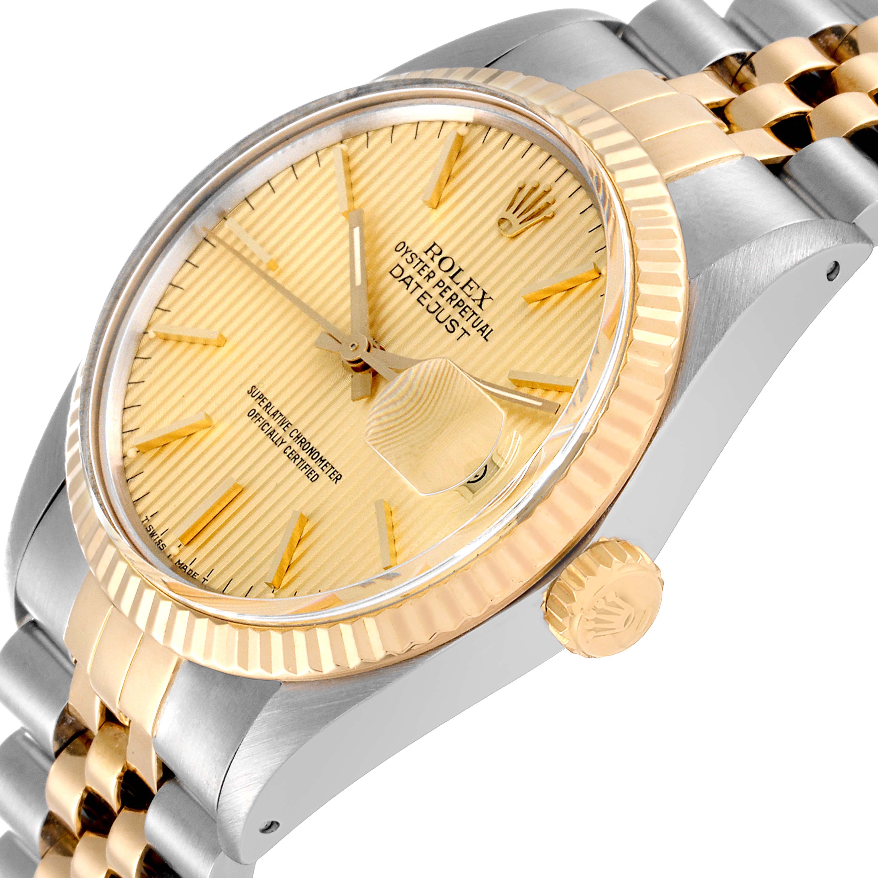 The image shows a close-up angle of the Rolex Vintage Collection 16013 Men
s Steel and Gold (two tone) Champagne Dial 16013 Men
s Steel and Gold (two tone) Champagne Dial Datejust watch, highlighting the dial, bezel, and part of the bracelet.