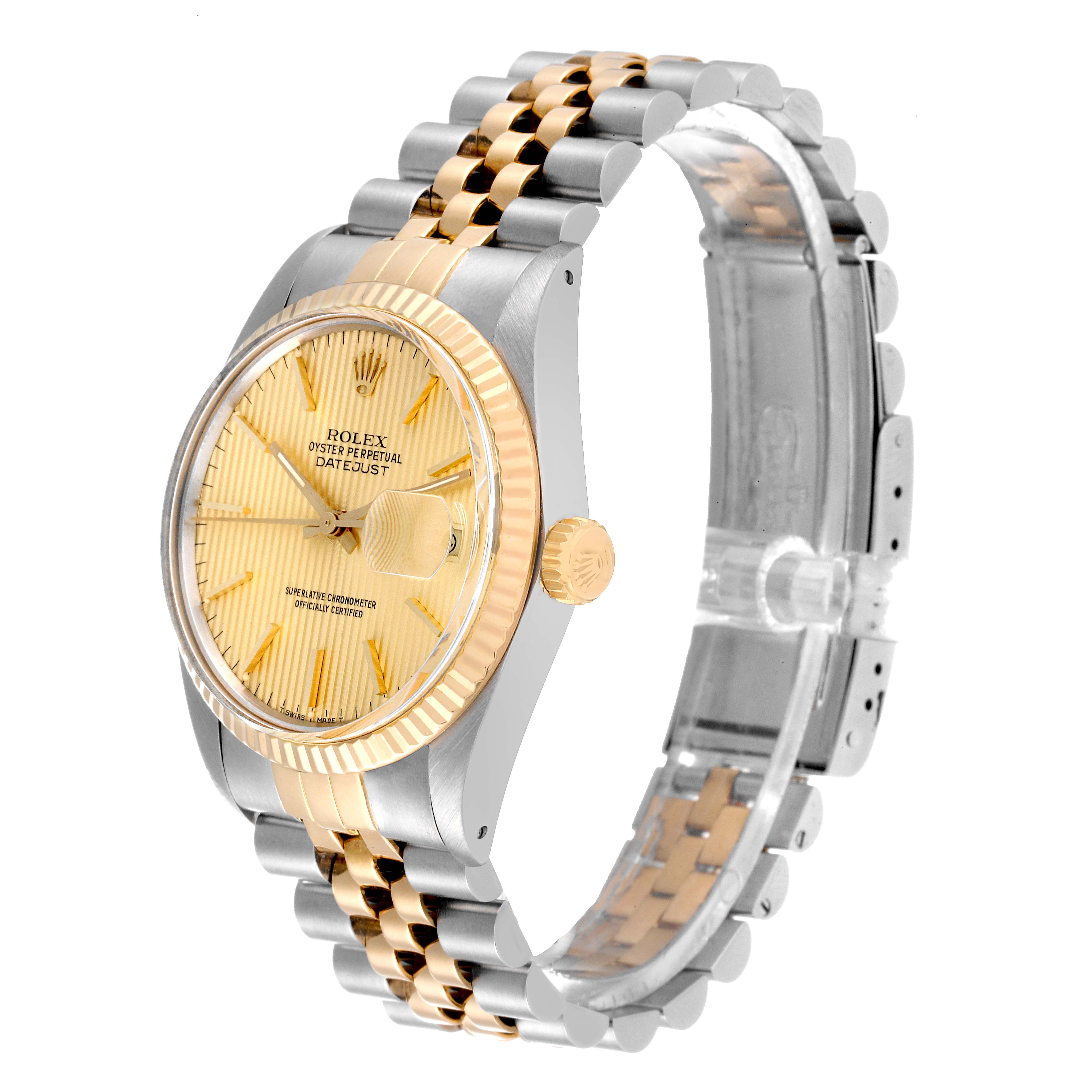 This Rolex Vintage Collection 16013 Men
s Steel and Gold (two tone) Champagne Dial 16013 Men
s Steel and Gold (two tone) Champagne Dial model is shown at an angle, displaying the dial, bezel, crown, and bracelet.