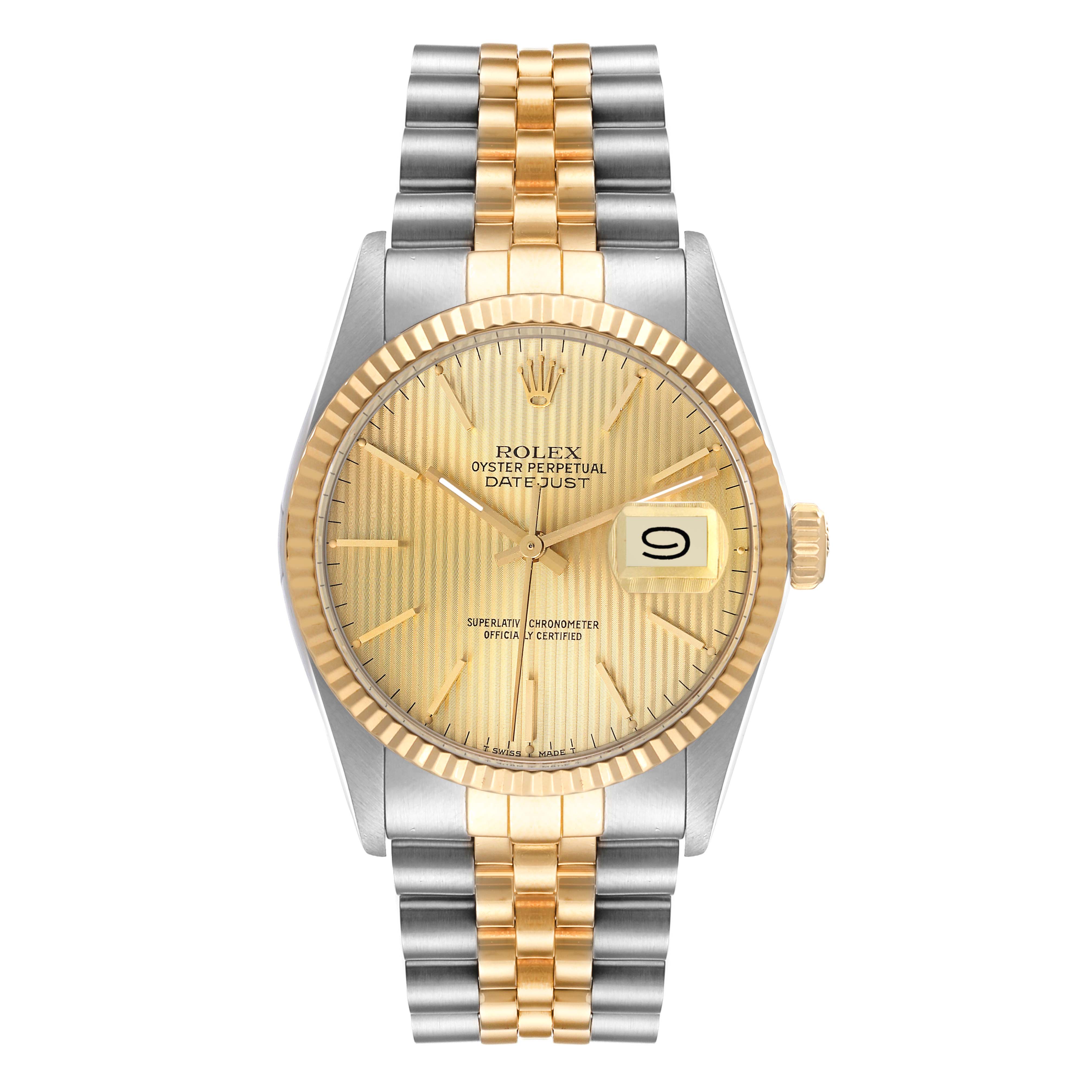 The image shows a front view of a Rolex Vintage Collection 16013 Men
s Steel and Gold (two tone) Champagne Dial 16013 Men
s Steel and Gold (two tone) Champagne Dial Datejust watch with a gold dial and a two-tone metal band.