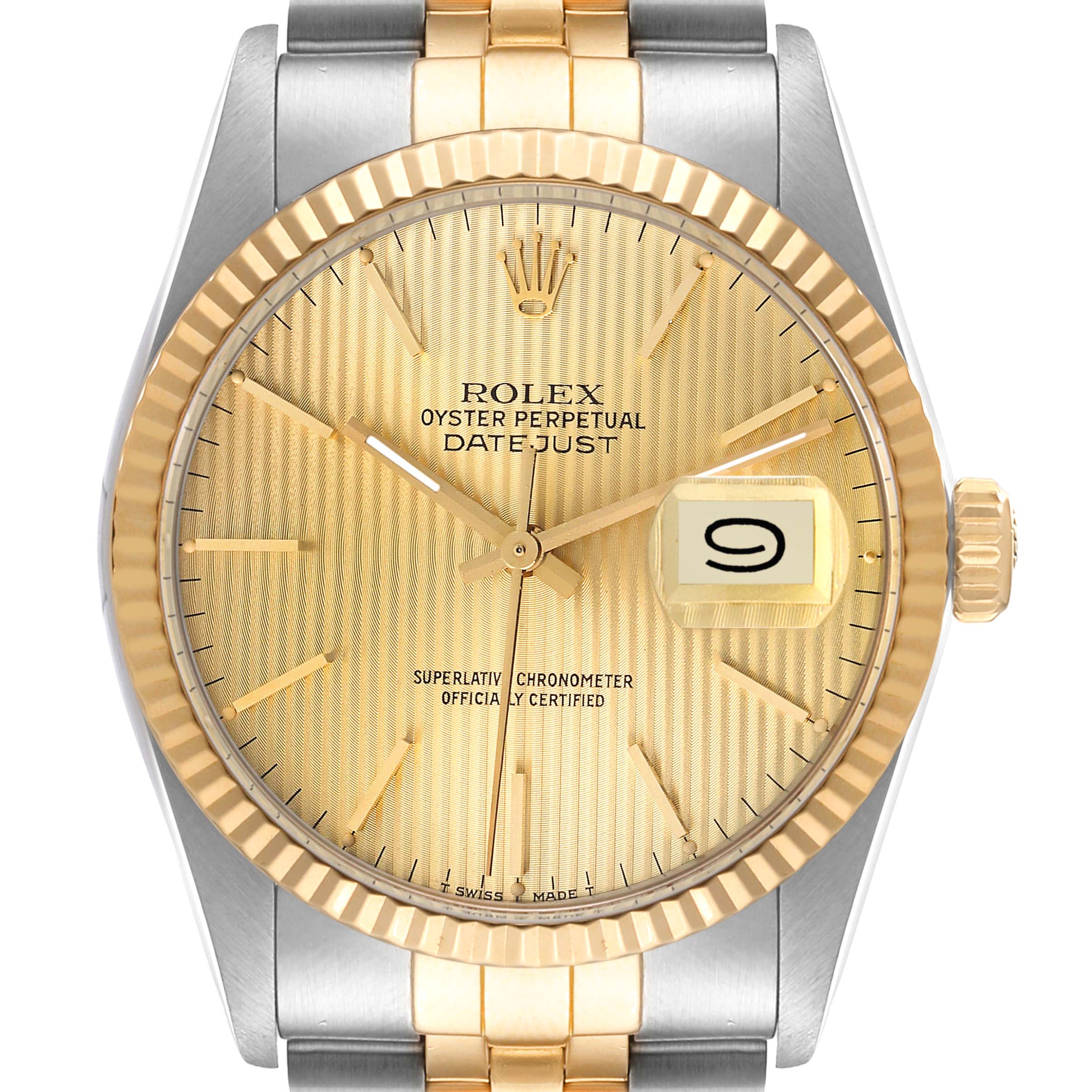 The image shows a front view of the Rolex Vintage Collection 16013 Men
s Steel and Gold (two tone) Champagne Dial 16013 Men
s Steel and Gold (two tone) Champagne Dial Datejust watch, highlighting its gold face, date display, and two-tone band.