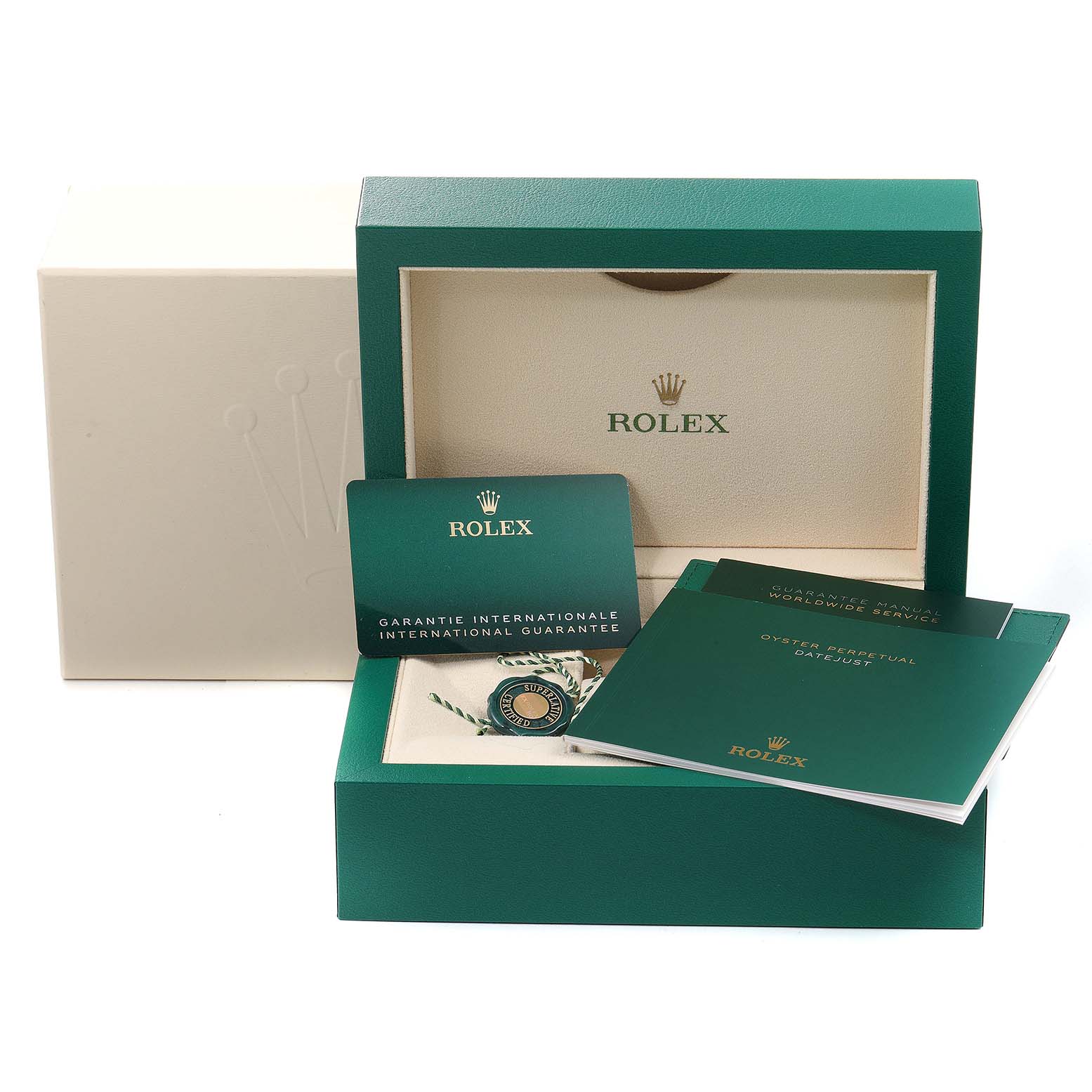 The image shows the packaging, guarantee card, manuals, and accessories for a Rolex Datejust 41 126334 Men's Stainless Steel Grey Dial 126334 Men's Stainless Steel Grey Dial.