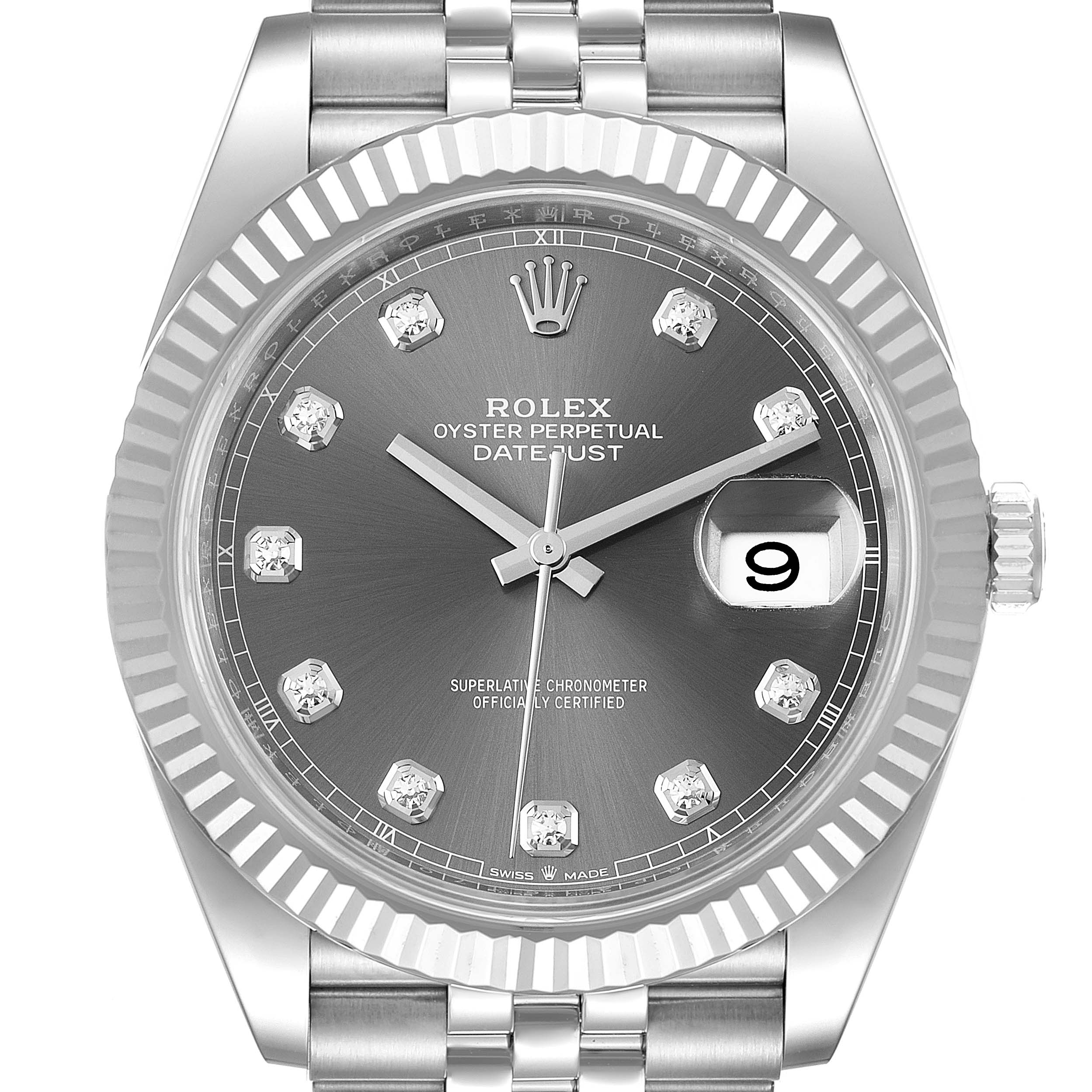 The image shows the face of a Rolex Datejust 41 126334 Men's Stainless Steel Grey Dial 126334 Men's Stainless Steel Grey Dial watch, highlighting the dial, hands, date window, and bracelet partially.