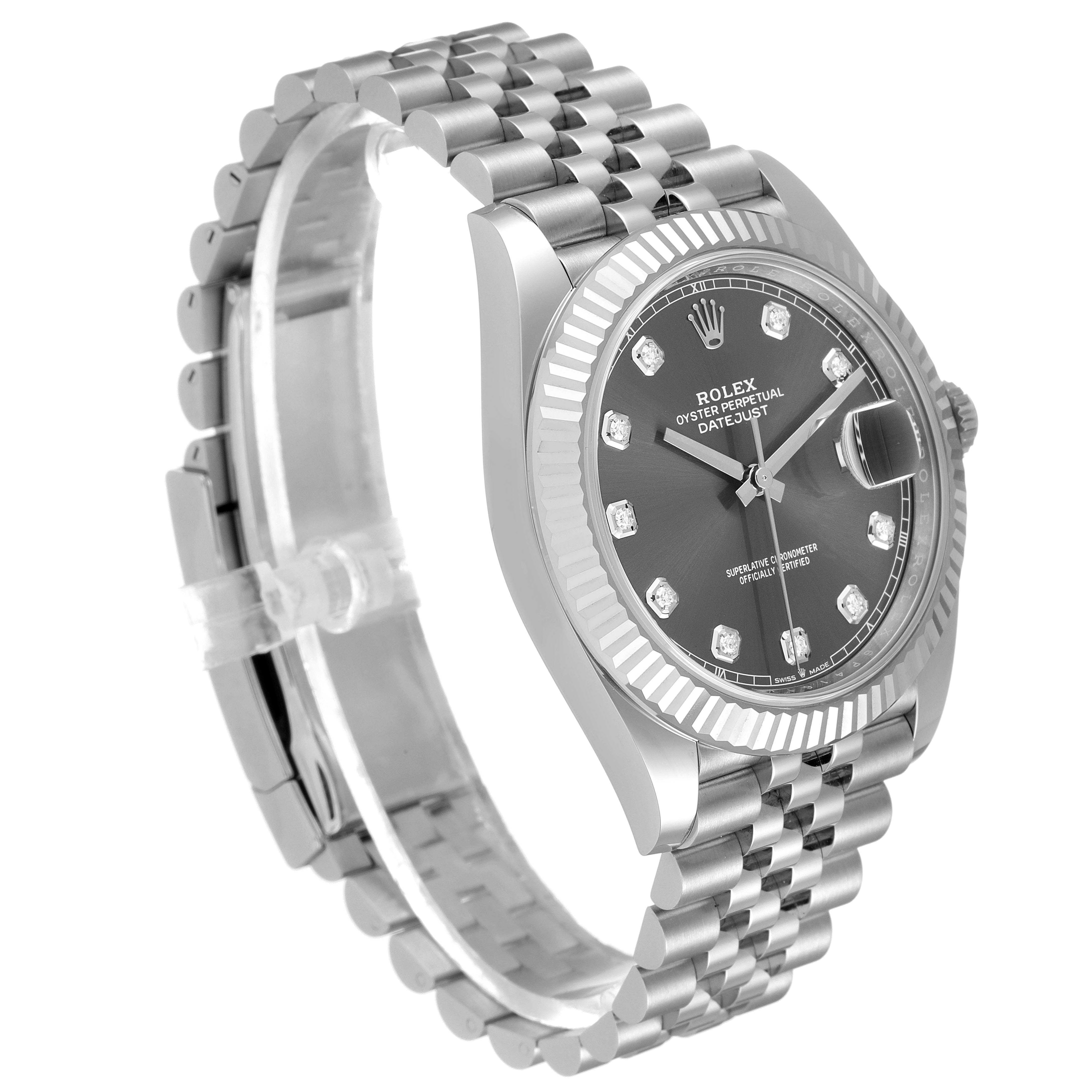 The image shows a Rolex Datejust 41 126334 Men's Stainless Steel Grey Dial 126334 Men's Stainless Steel Grey Dial watch from a slight angle, highlighting the dial, bezel, and bracelet.