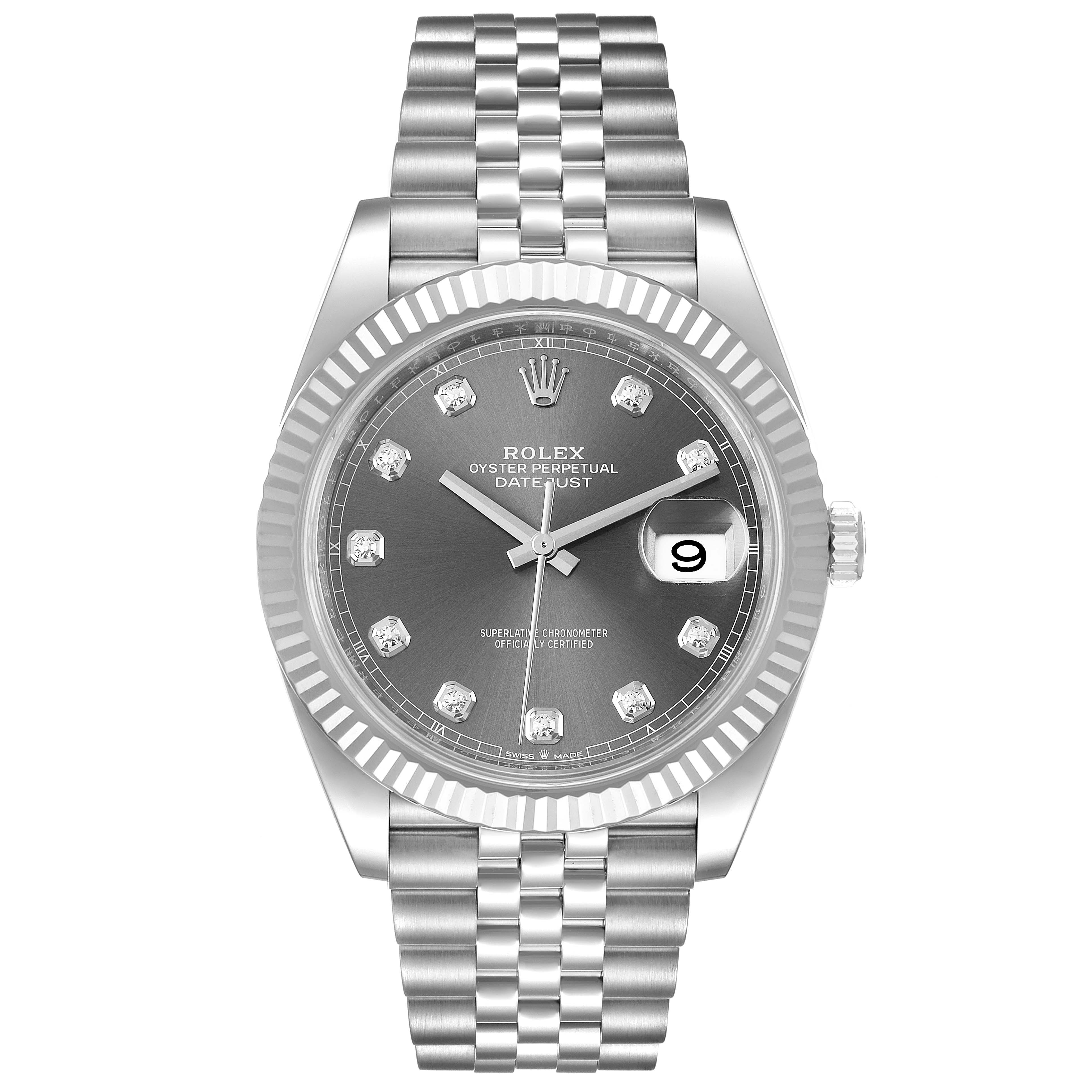 The image shows a front view of the Rolex Datejust 41 126334 Men's Stainless Steel Grey Dial 126334 Men's Stainless Steel Grey Dial watch, displaying its dial, fluted bezel, and Jubilee bracelet.