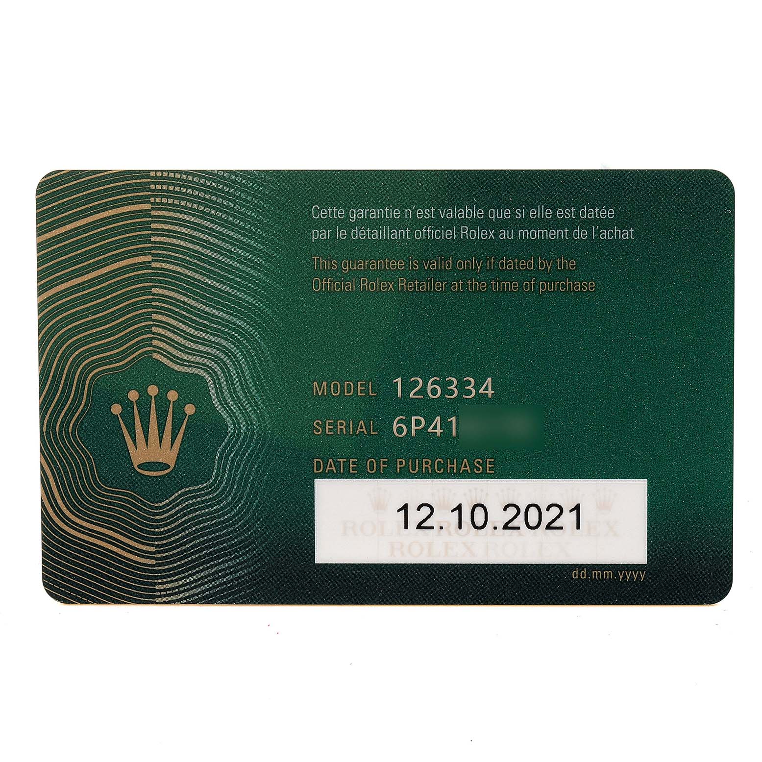 This image shows a close-up of a warranty card for a Rolex Datejust 41 126334 Men's Stainless Steel Grey Dial 126334 Men's Stainless Steel Grey Dial, Model 126334.