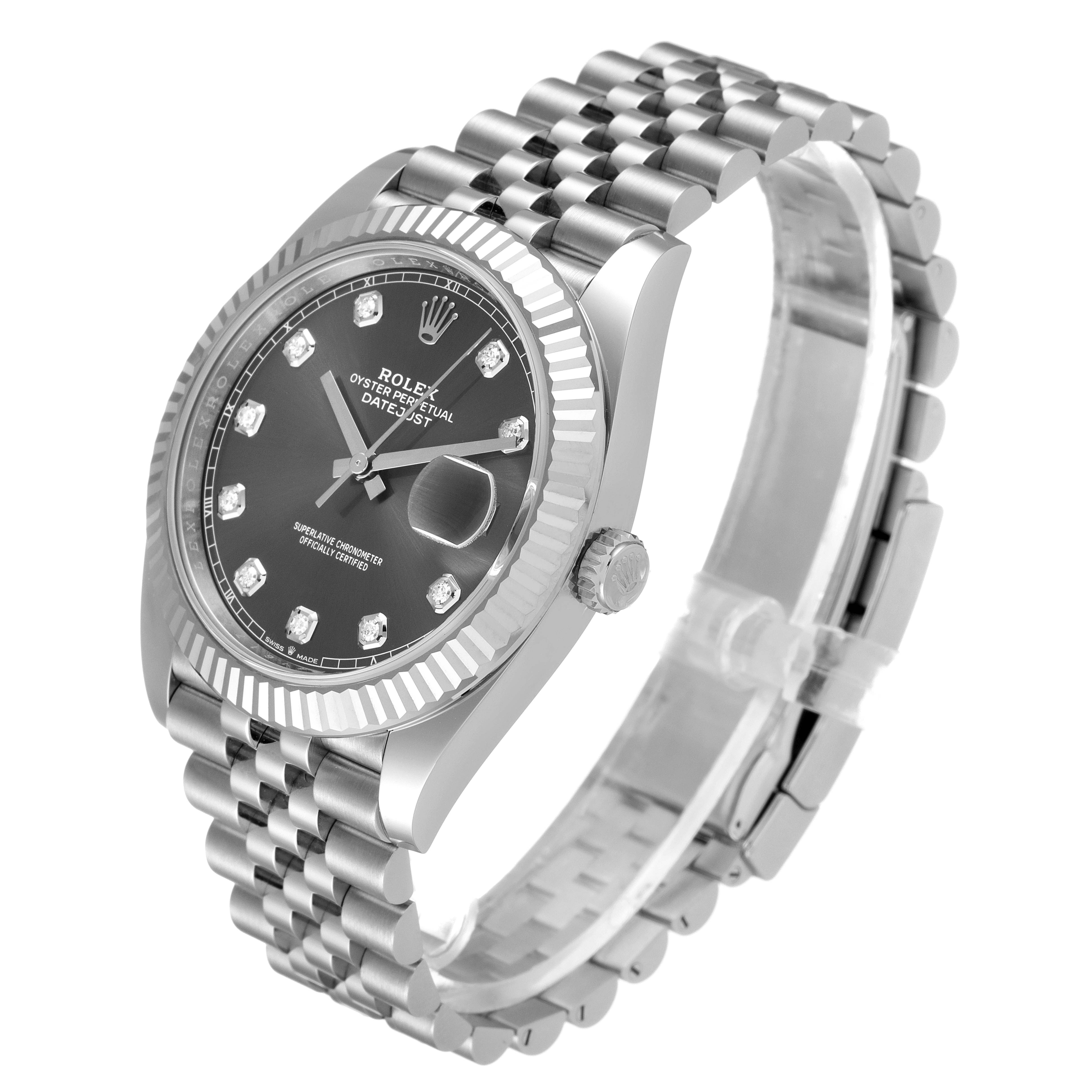 This image shows a Rolex Datejust 41 126334 Men's Stainless Steel Grey Dial 126334 Men's Stainless Steel Grey Dial watch at a slight angle, highlighting its face, bezel, and Jubilee bracelet.