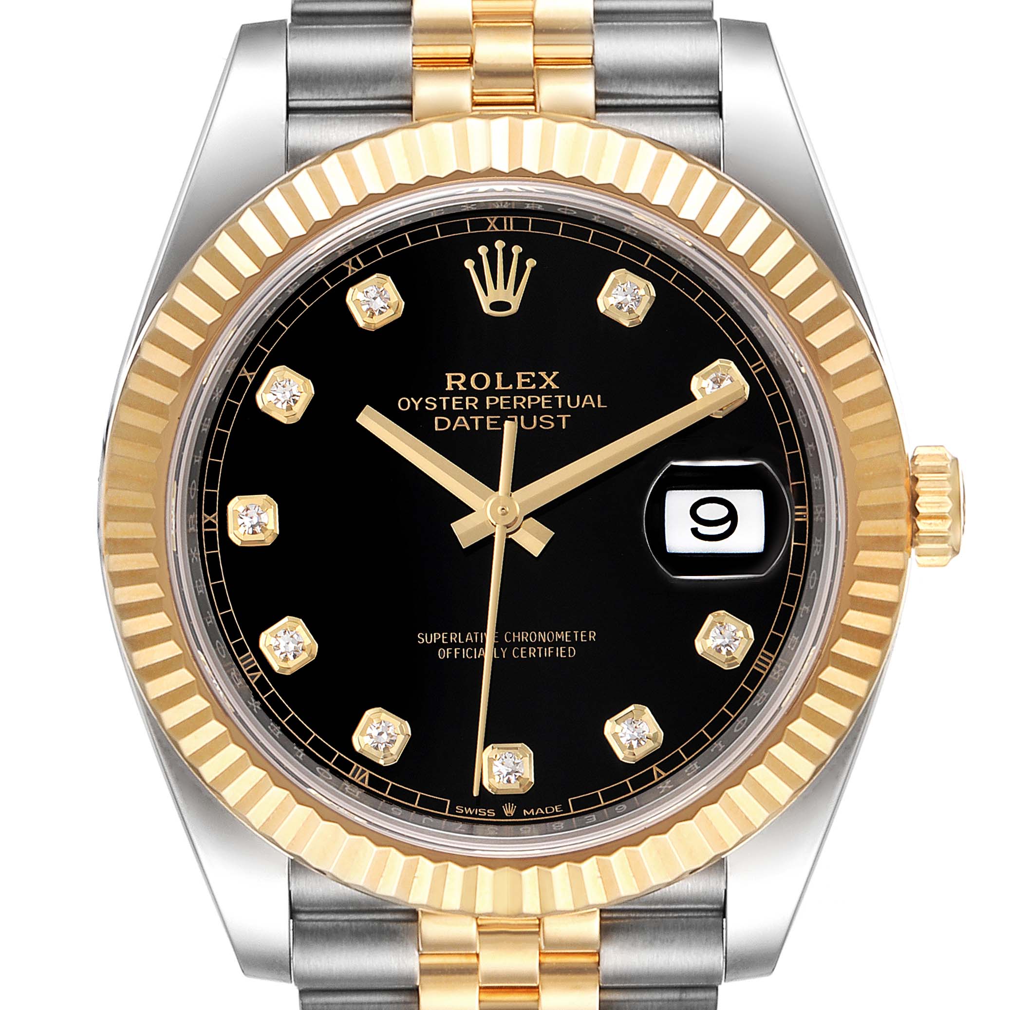 This image shows the face and part of the bracelet of a Rolex Datejust 41 126333 Men's Steel and Gold (two tone) Black Dial 126333 Men's Steel and Gold (two tone) Black Dial watch, with a black dial and gold fluted bezel.