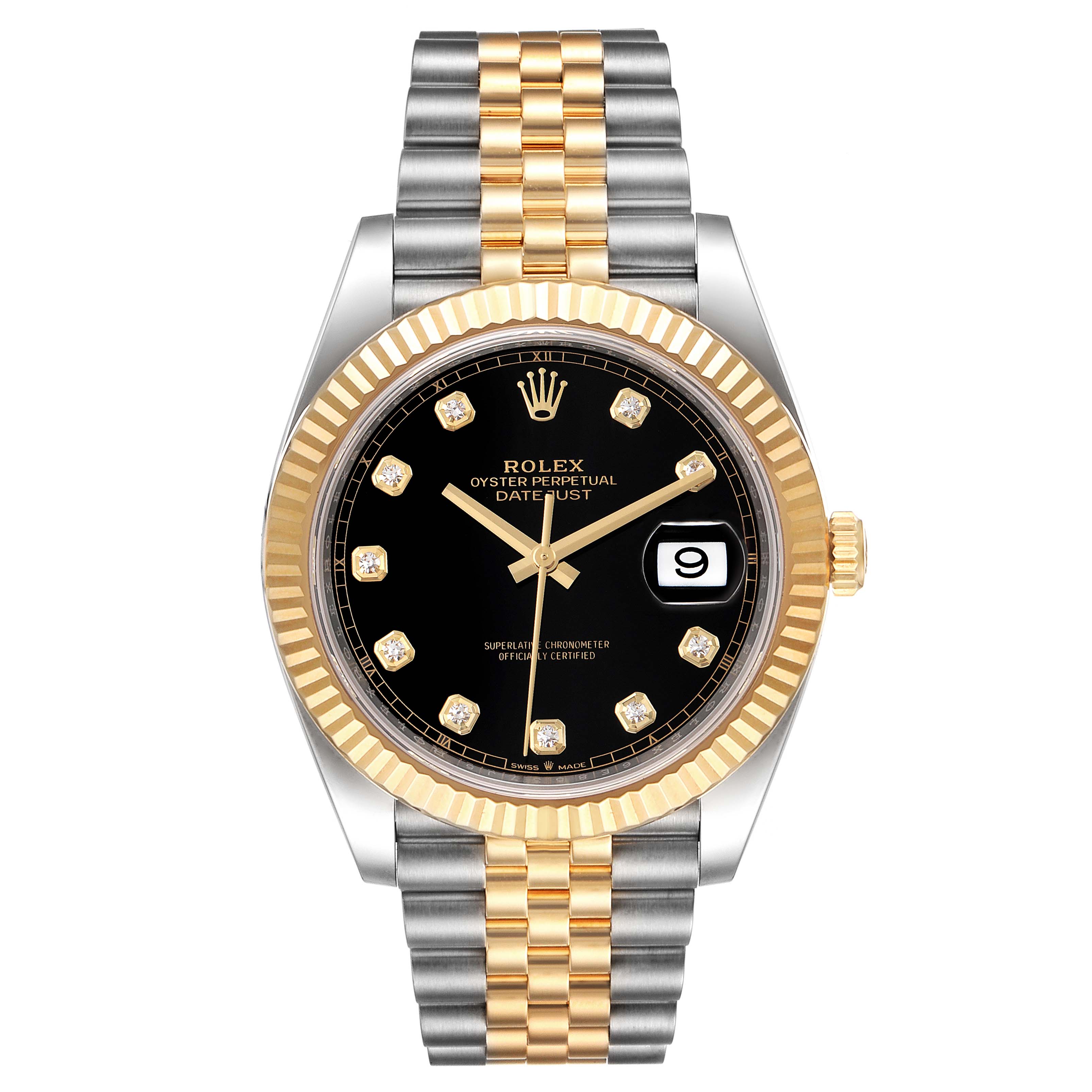 The image shows a front view of a Rolex Datejust 41 126333 Men's Steel and Gold (two tone) Black Dial 126333 Men's Steel and Gold (two tone) Black Dial watch with a black dial, diamond markers, and a two-tone Jubilee bracelet.