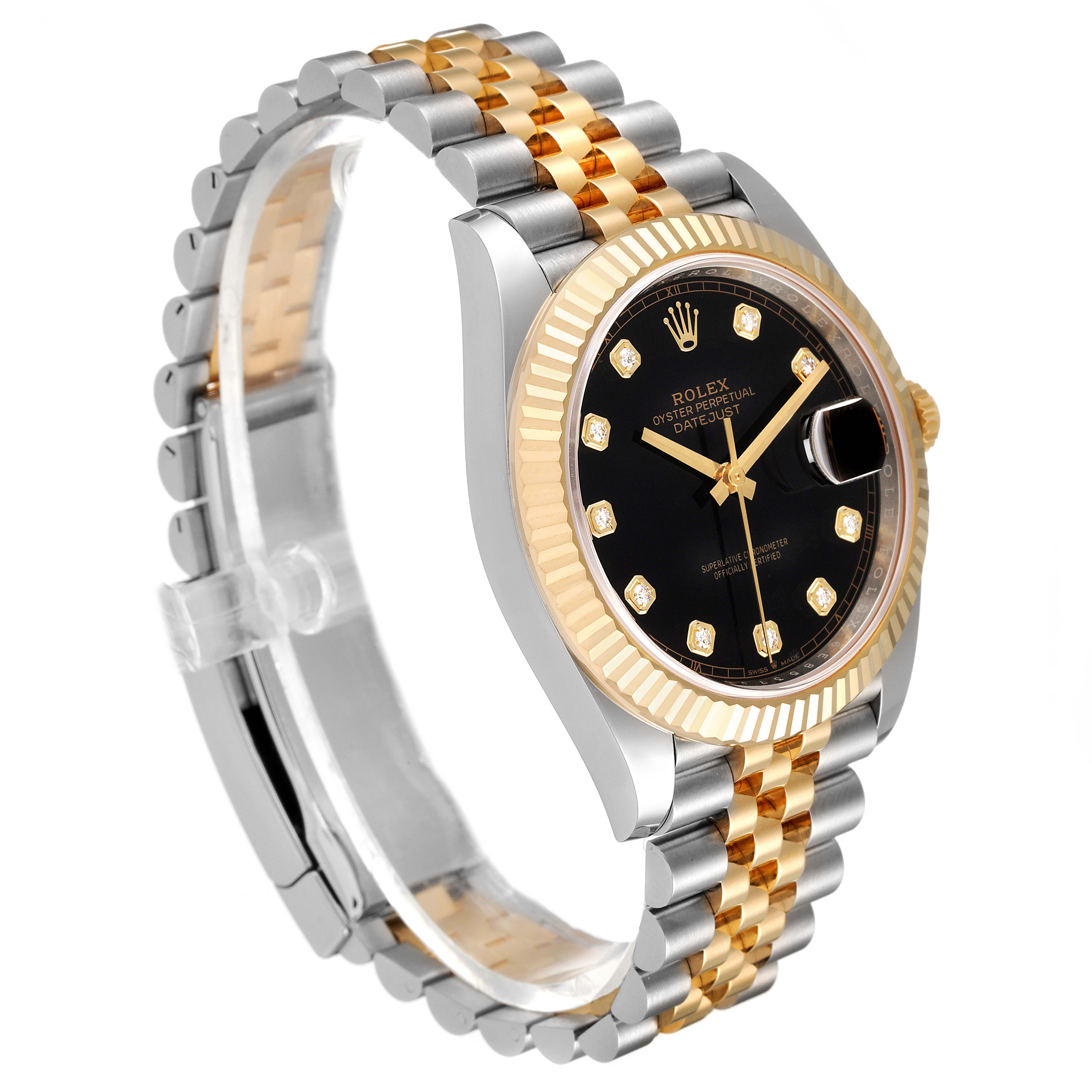 This image shows a side angle of a Rolex Datejust 41 126333 Men's Steel and Gold (two tone) Black Dial 126333 Men's Steel and Gold (two tone) Black Dial watch, highlighting its black dial, fluted bezel, and two-tone bracelet.