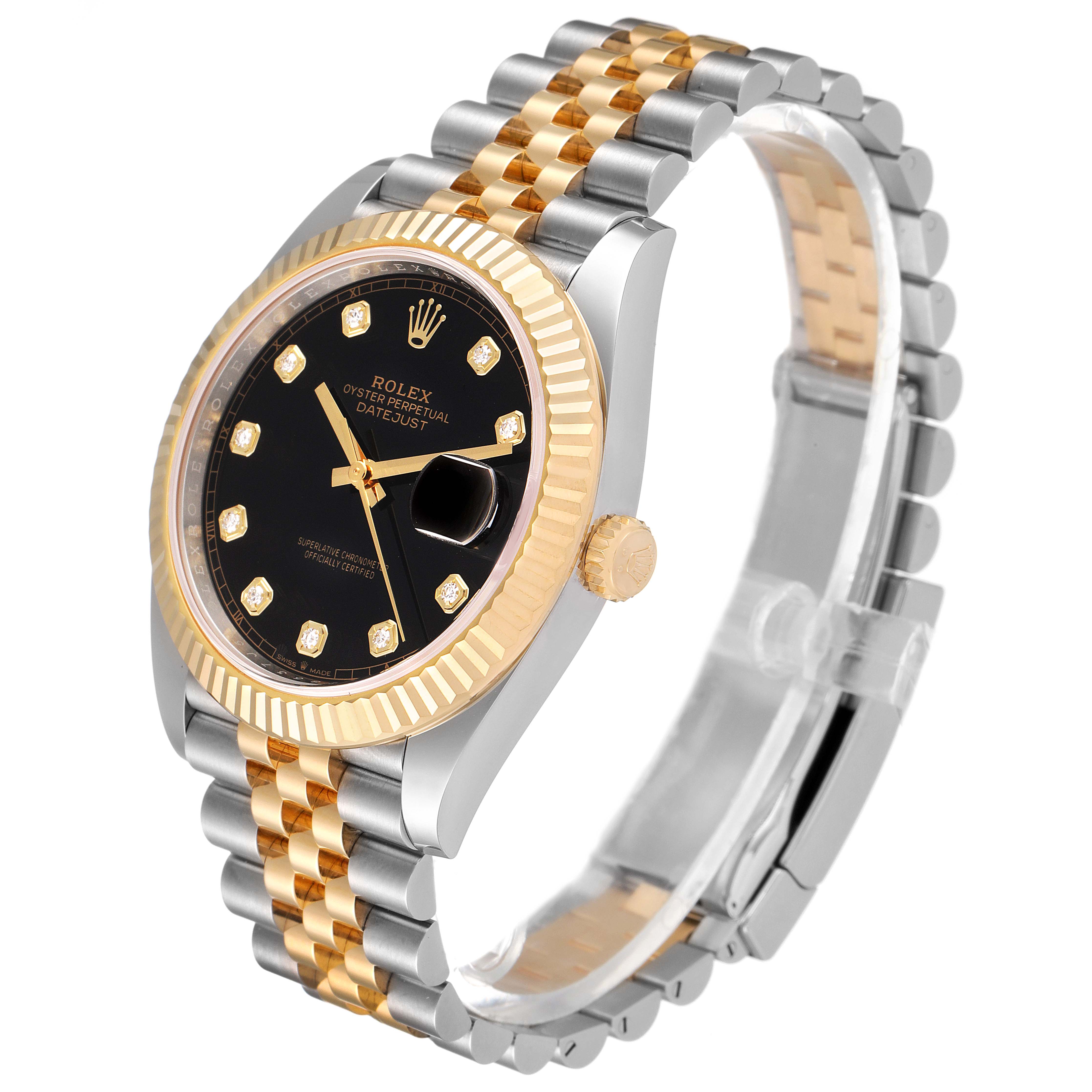 This image shows a Rolex Datejust 41 126333 Men's Steel and Gold (two tone) Black Dial 126333 Men's Steel and Gold (two tone) Black Dial model at an angled side view, highlighting its fluted bezel, black dial, and two-tone bracelet.