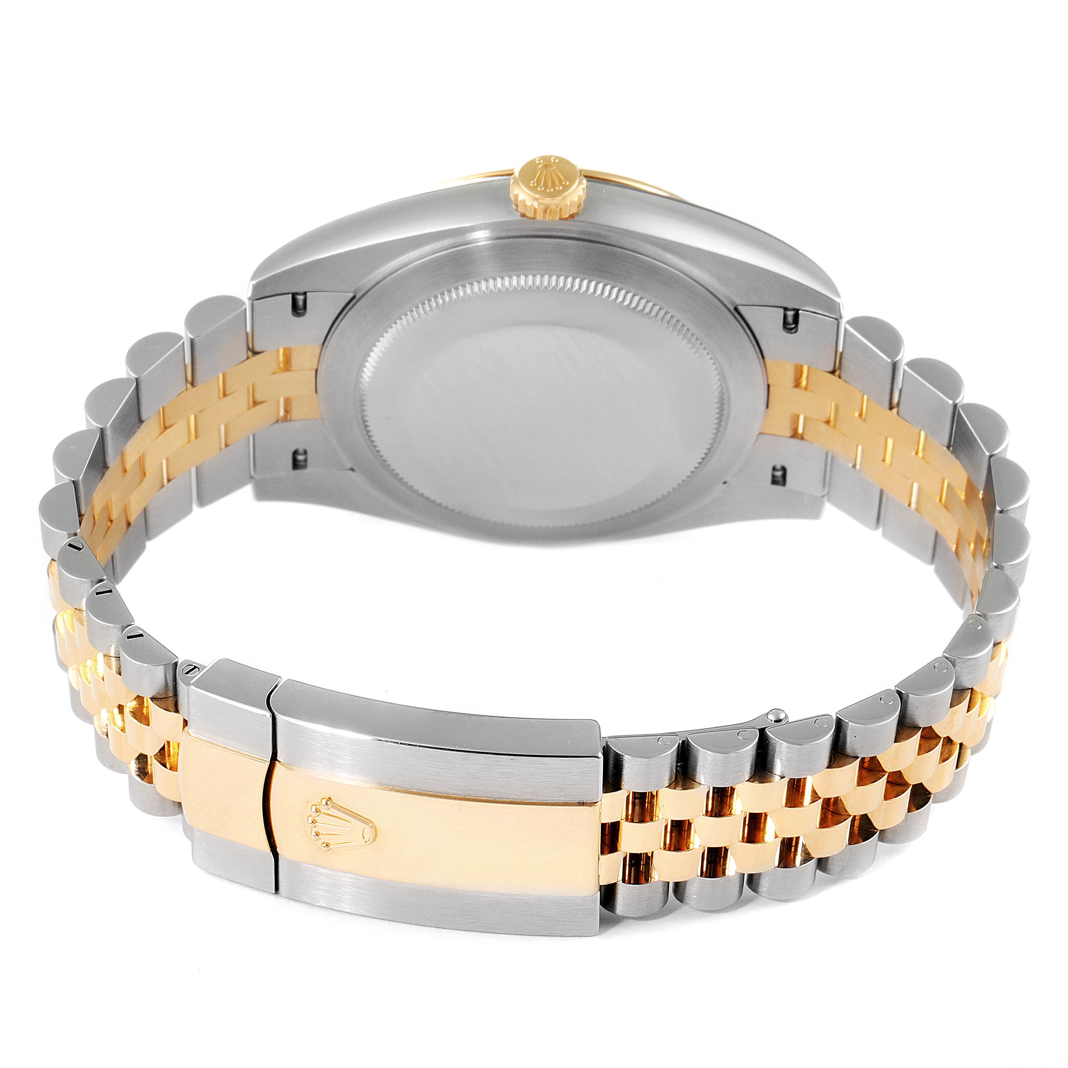 The image shows the back view of the Rolex Datejust 41 126333 Men's Steel and Gold (two tone) Black Dial 126333 Men's Steel and Gold (two tone) Black Dial watch, highlighting the case back, crown, and bracelet with clasp.