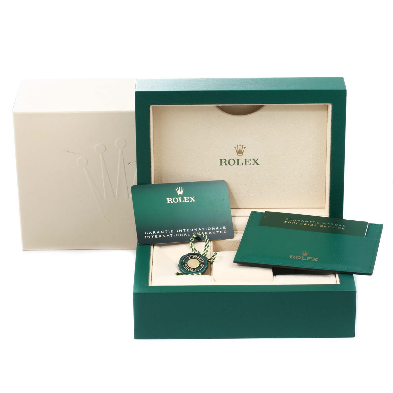 The image shows the packaging, warranty card, and tags for a Rolex Datejust 41 126333 Men's Steel and Gold (two tone) Black Dial 126333 Men's Steel and Gold (two tone) Black Dial watch.