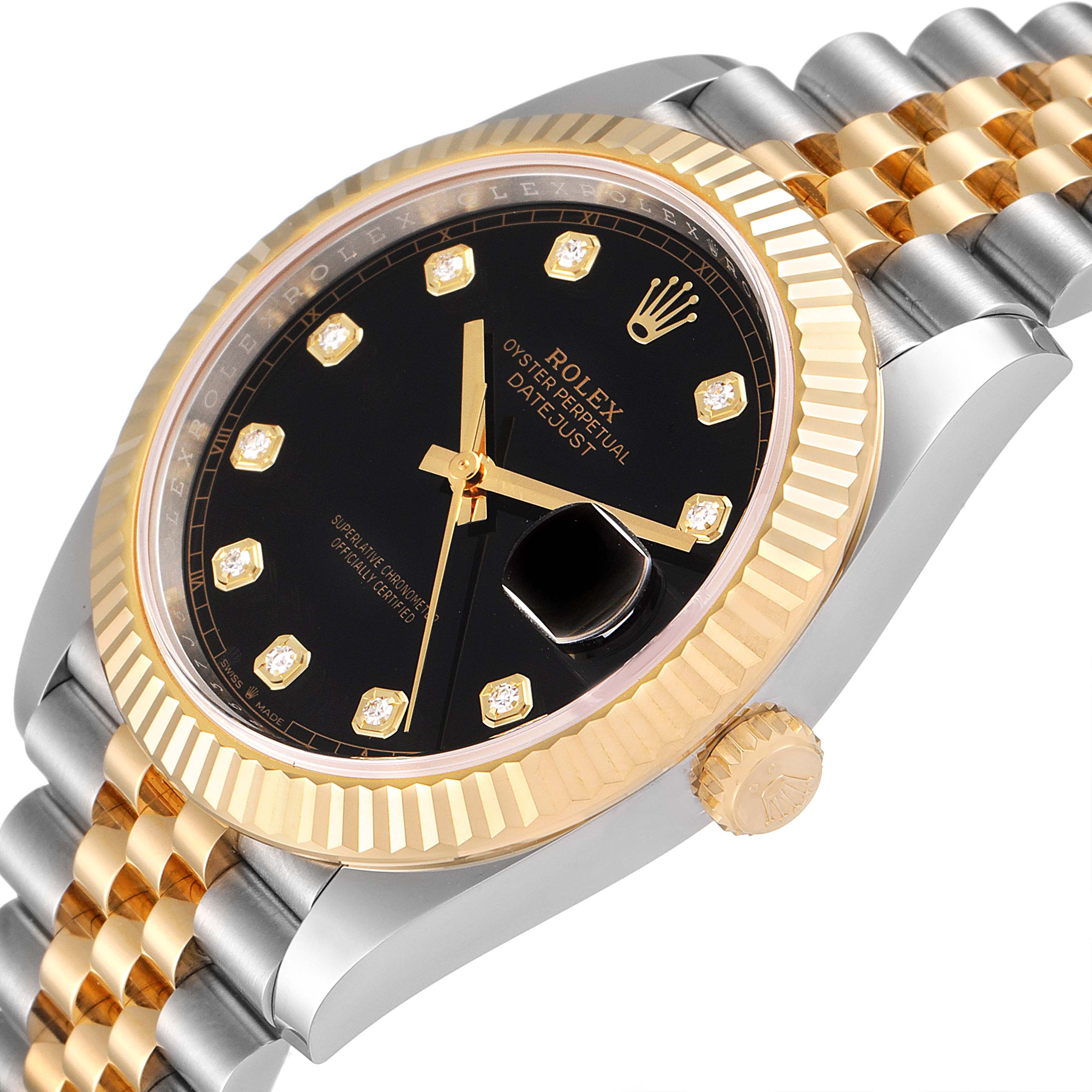 The image shows a close-up angle of the Rolex Datejust 41 126333 Men's Steel and Gold (two tone) Black Dial 126333 Men's Steel and Gold (two tone) Black Dial, highlighting the dial, fluted bezel, and part of the bracelet.