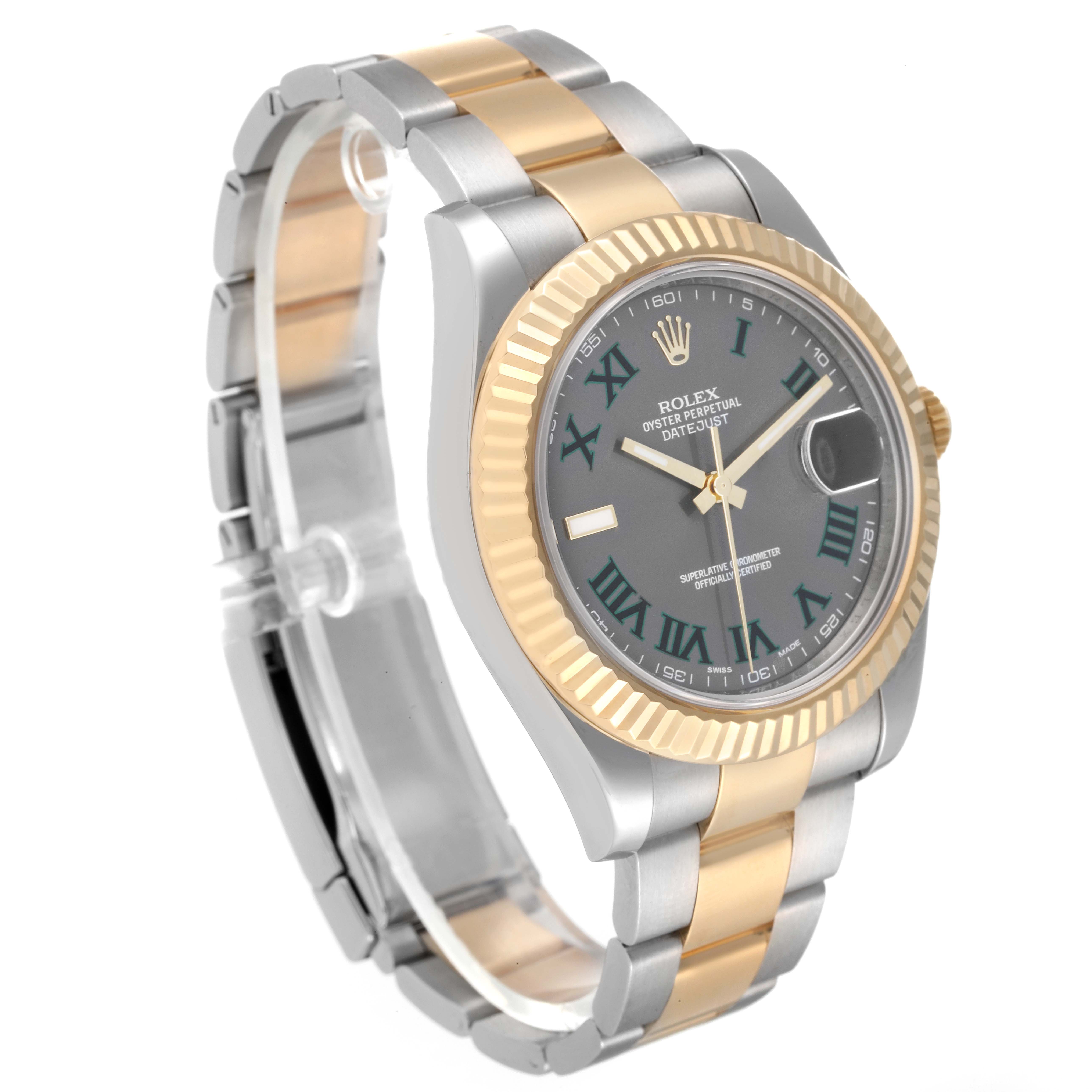 The Rolex Datejust 41 116333 Men's Steel and Gold (two tone) Grey Dial 116333 Men's Steel and Gold (two tone) Grey Dial is shown at an angle highlighting the dial, bi-metal bracelet, fluted bezel, and the Cyclops lens over the date.
