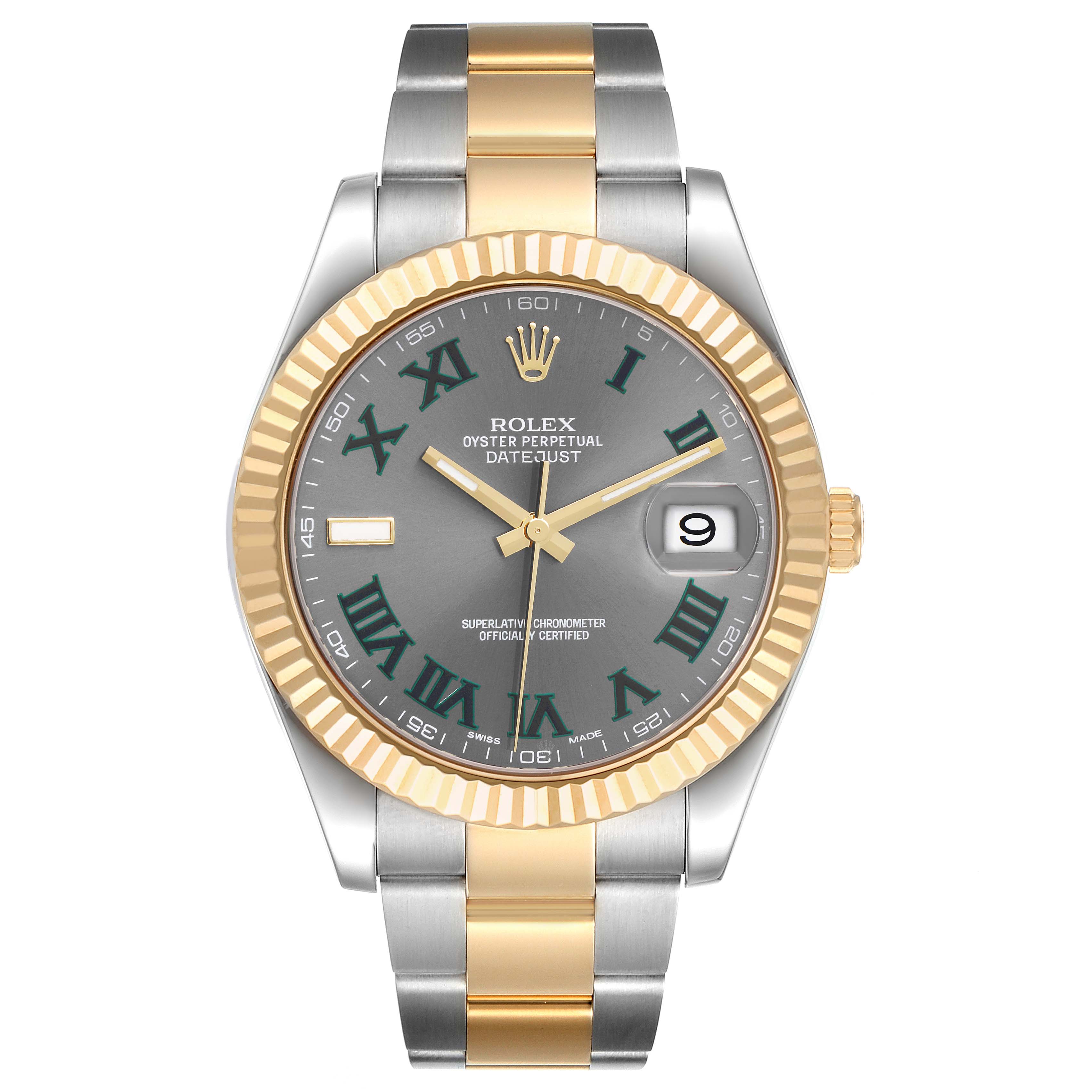 The Rolex Datejust 41 116333 Men's Steel and Gold (two tone) Grey Dial 116333 Men's Steel and Gold (two tone) Grey Dial model is shown from a frontal view, highlighting the dial, bezel, crown, and two-tone bracelet.