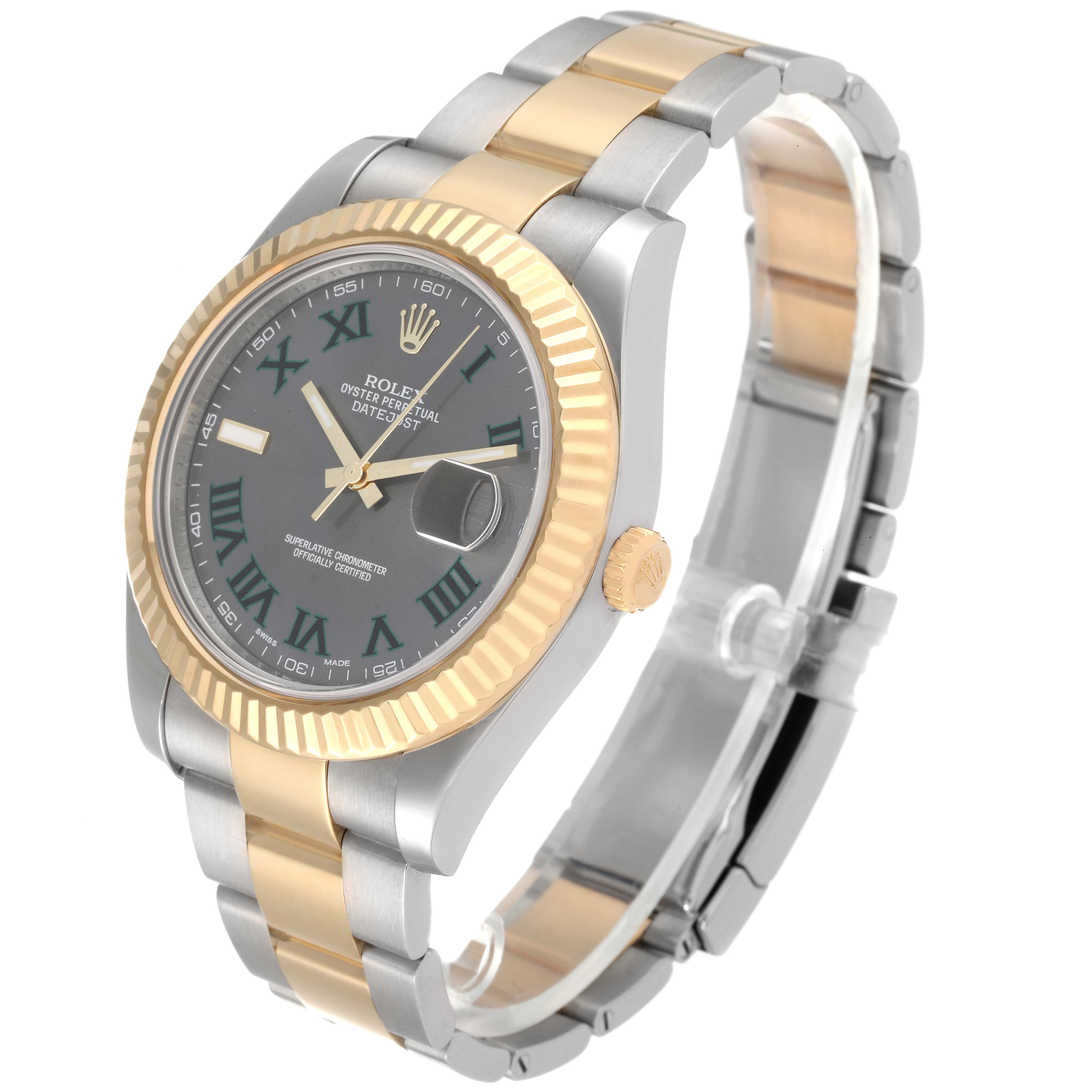 The Rolex Datejust 41 116333 Men's Steel and Gold (two tone) Grey Dial 116333 Men's Steel and Gold (two tone) Grey Dial watch is shown at a three-quarter angle, highlighting the two-tone bracelet, fluted bezel, and dark dial with Roman numerals.