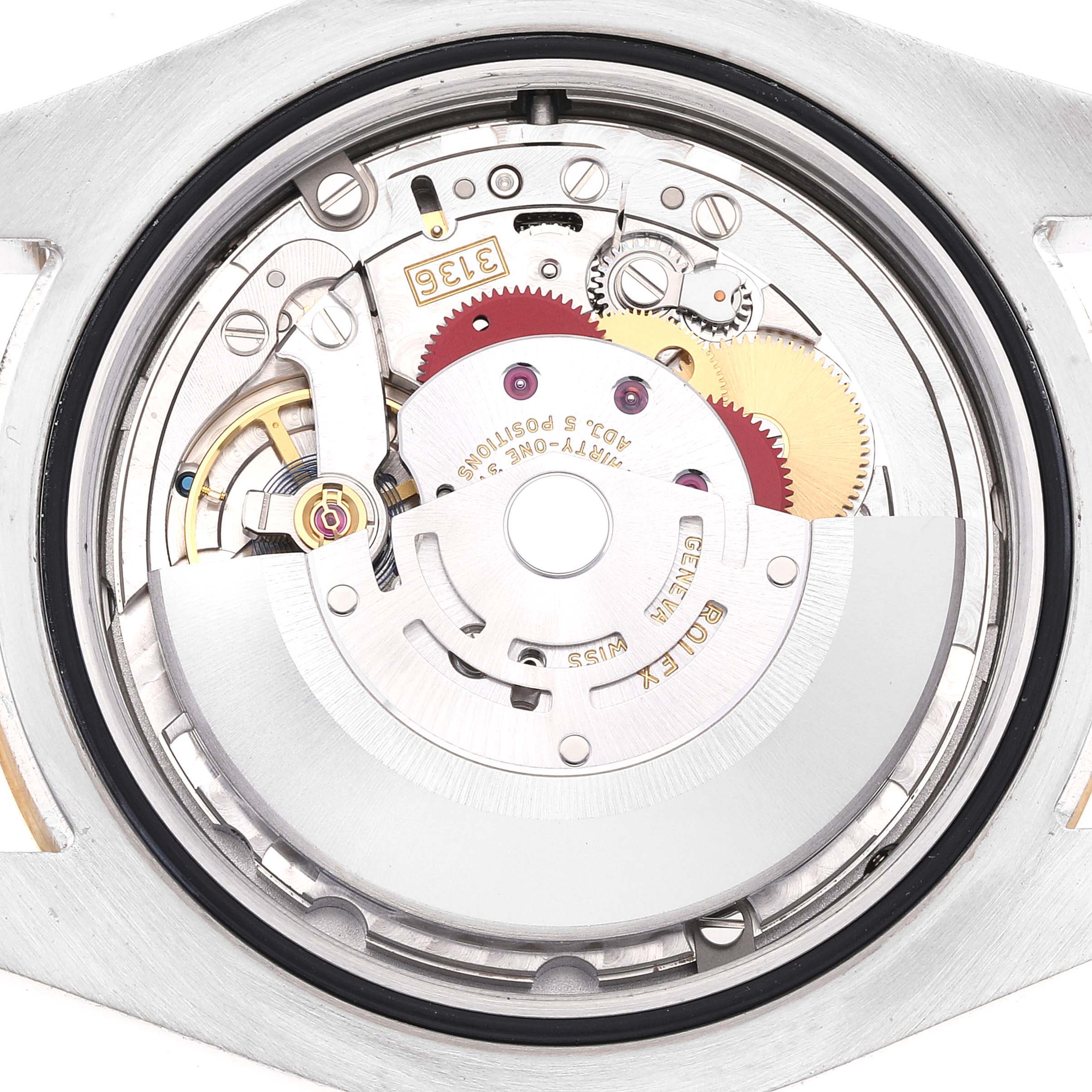 This image shows the internal mechanism of a Rolex Datejust 41 116333 Men's Steel and Gold (two tone) Grey Dial 116333 Men's Steel and Gold (two tone) Grey Dial watch, viewed from the rear case with the backplate removed.