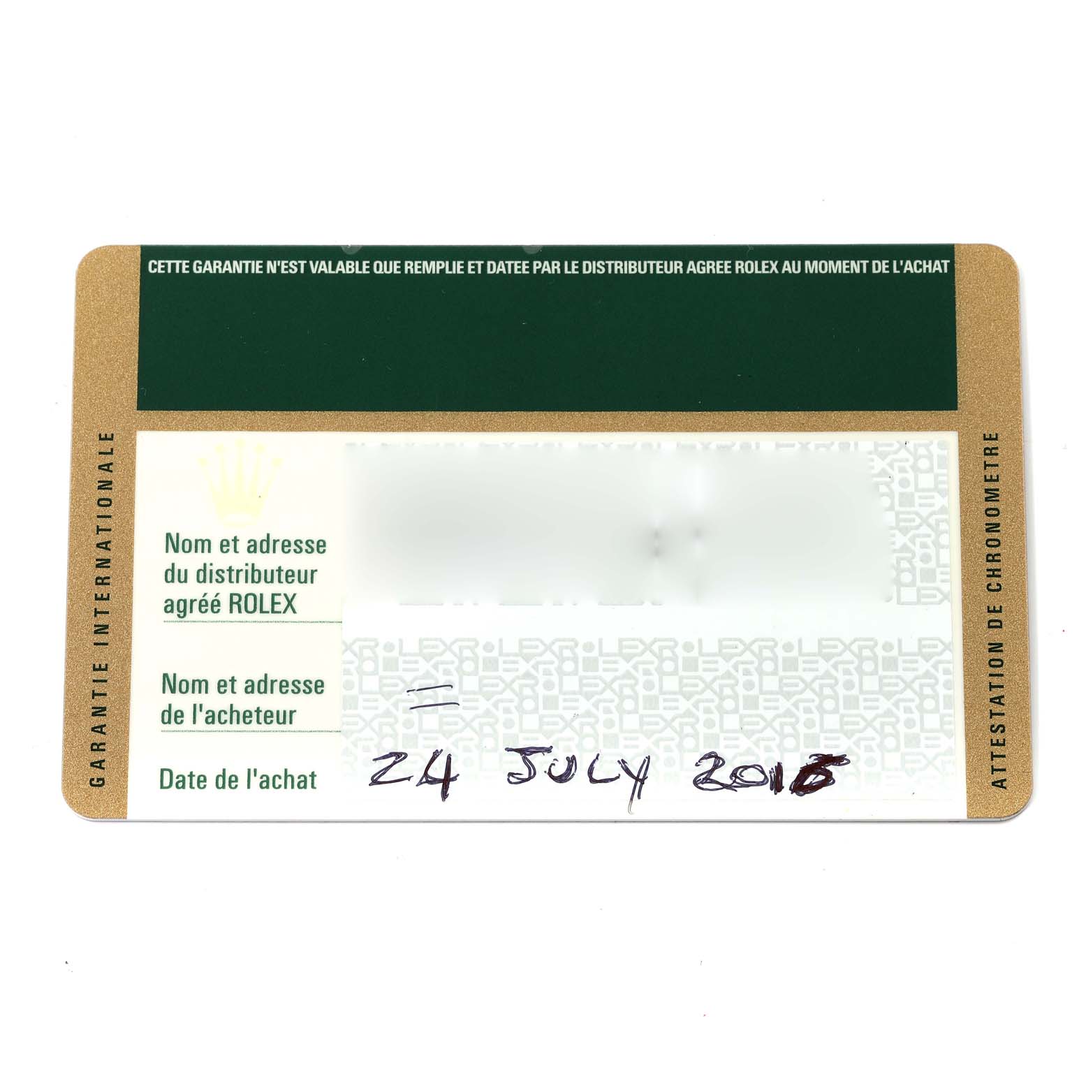 This image shows the warranty card for a Rolex Datejust 41 116333 Men's Steel and Gold (two tone) Grey Dial 116333 Men's Steel and Gold (two tone) Grey Dial model, dated 24 July 2018.