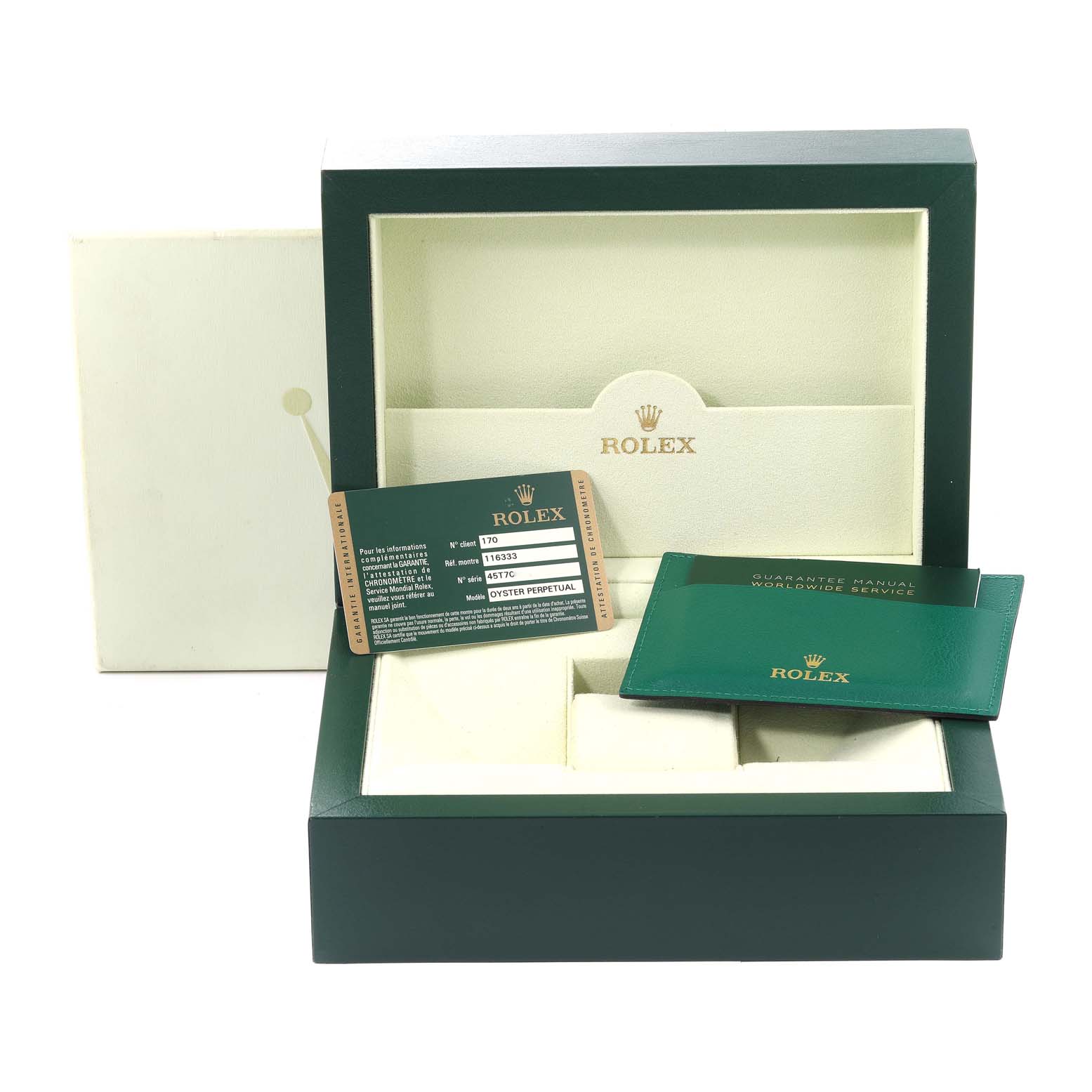 The image shows the open packaging box and related documents for the Rolex Datejust 41 116333 Men's Steel and Gold (two tone) Grey Dial 116333 Men's Steel and Gold (two tone) Grey Dial model.