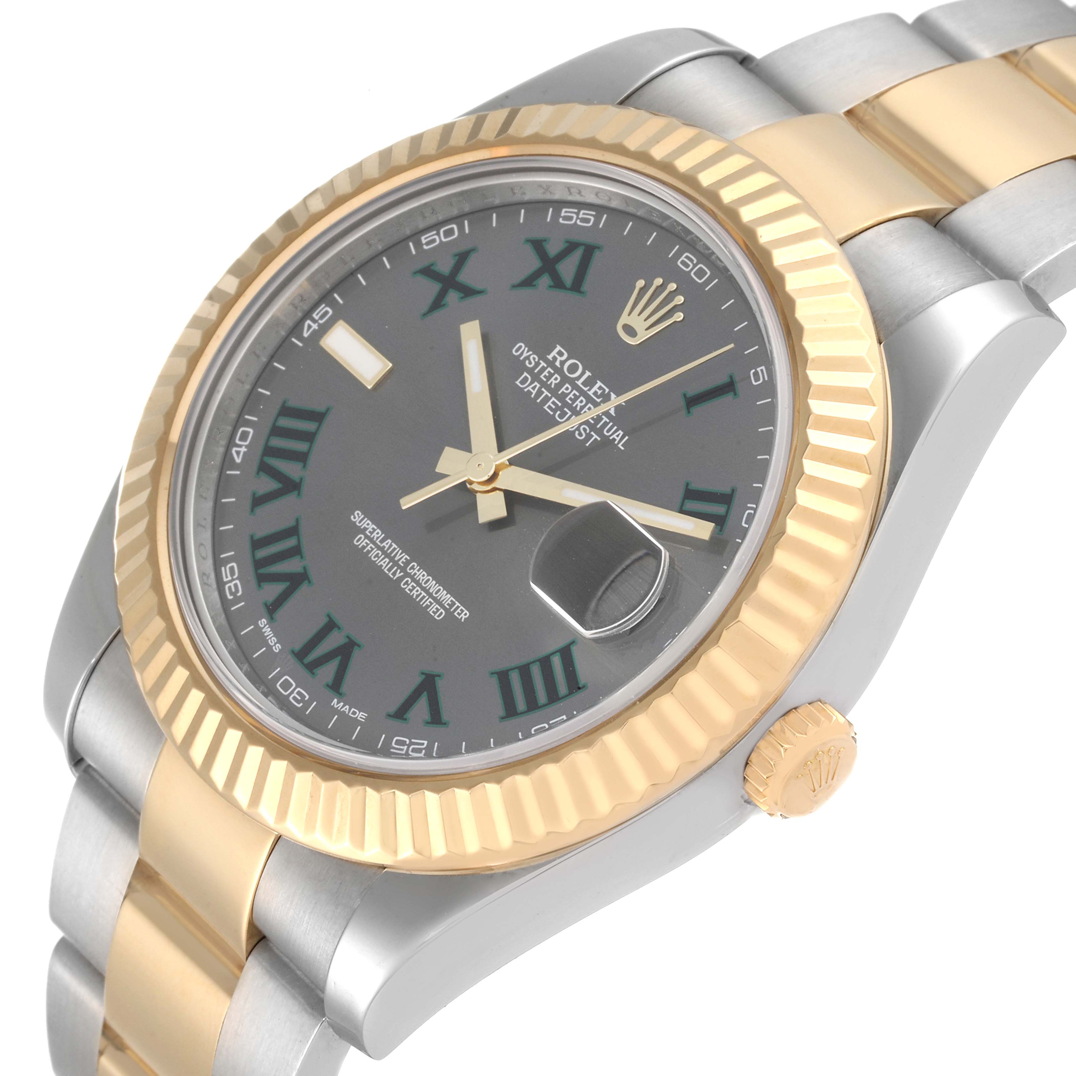 This image shows a Rolex Datejust 41 116333 Men's Steel and Gold (two tone) Grey Dial 116333 Men's Steel and Gold (two tone) Grey Dial watch at a slight side angle, highlighting its bezel, dial, bracelet, and crown.