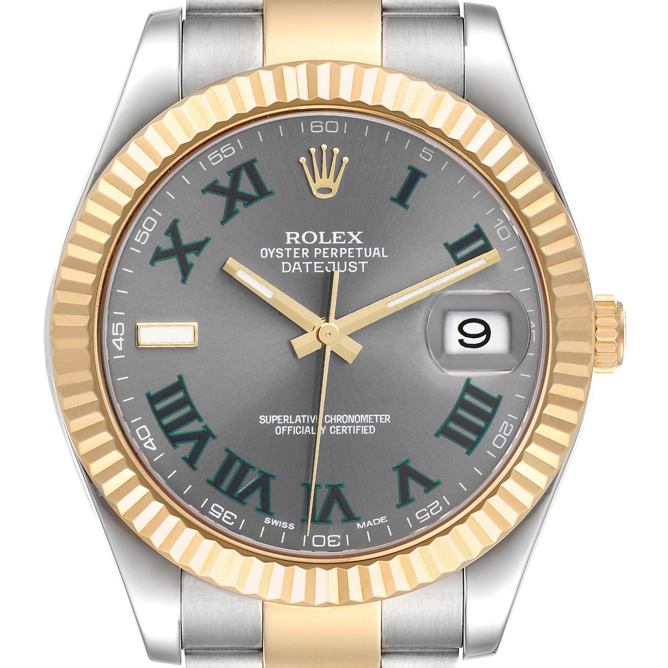 This image shows a front view of the Rolex Datejust 41 116333 Men's Steel and Gold (two tone) Grey Dial 116333 Men's Steel and Gold (two tone) Grey Dial watch, highlighting its dial, bezel, and crown.