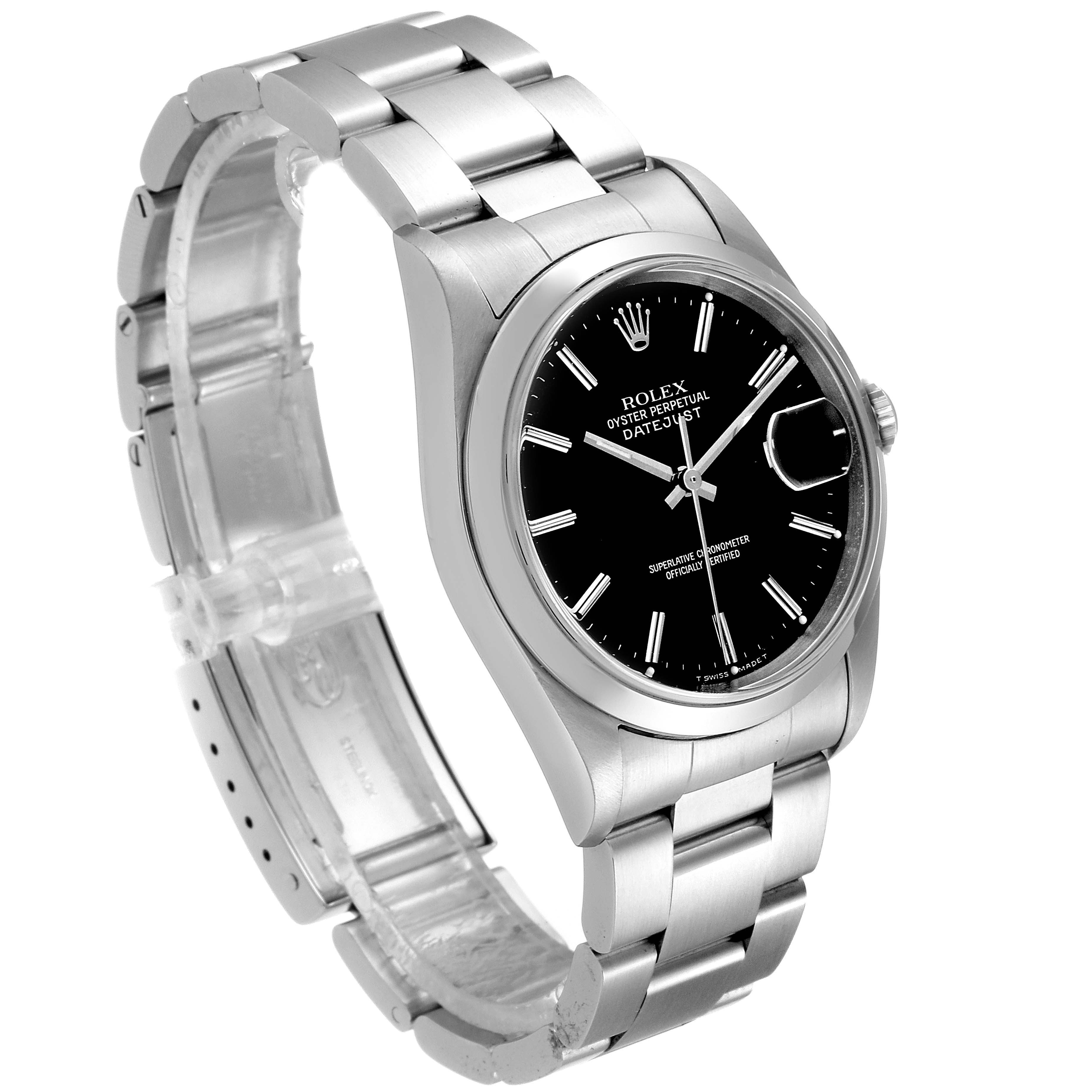The image shows a Rolex Datejust 16200 Men's Stainless Steel Black Dial 16200 Men's Stainless Steel Black Dial watch at a slight angle, highlighting its black dial, stainless steel case, and bracelet.