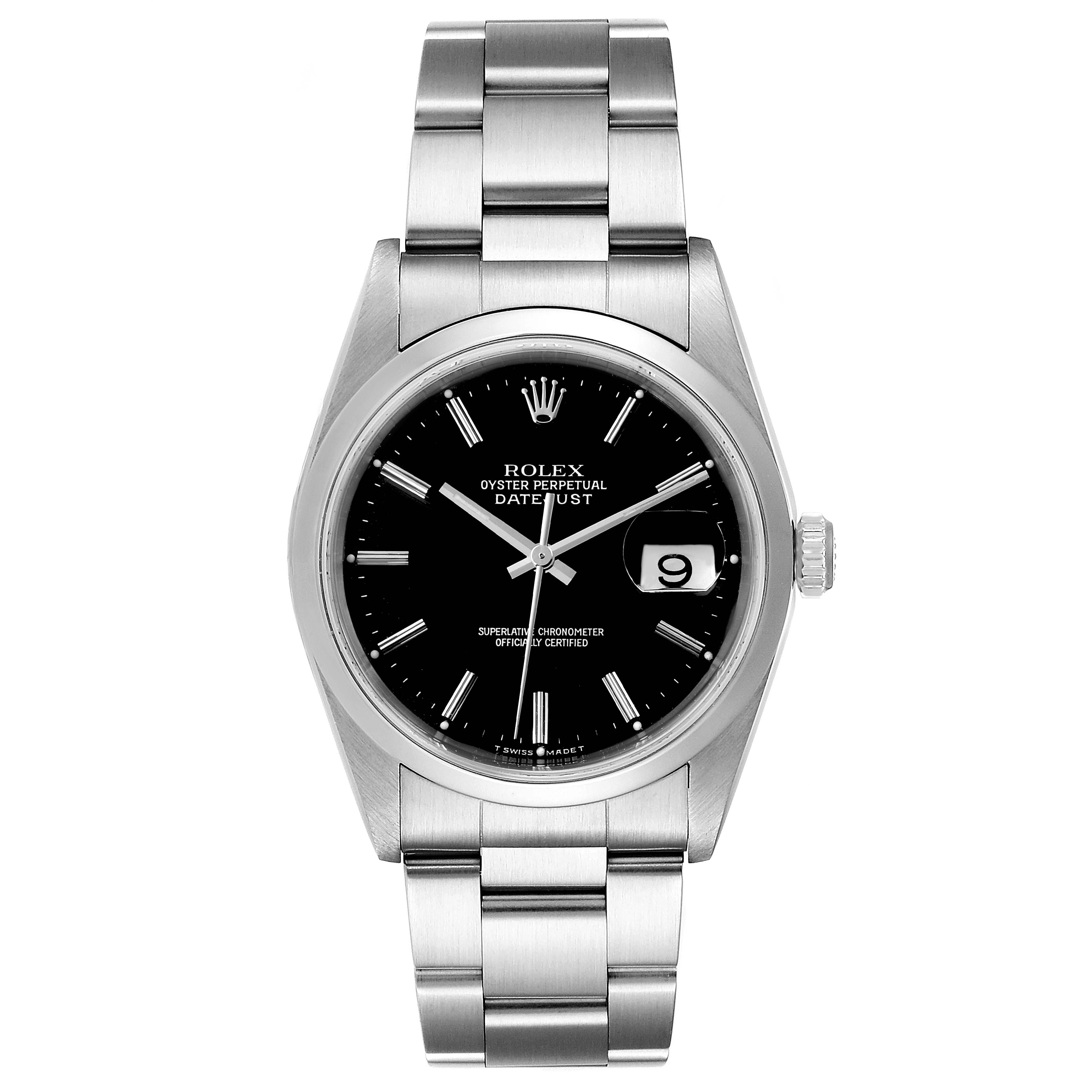 The image shows a Rolex Datejust 16200 Men's Stainless Steel Black Dial 16200 Men's Stainless Steel Black Dial watch, viewed from the front, displaying its face, stainless steel bracelet, and crown.