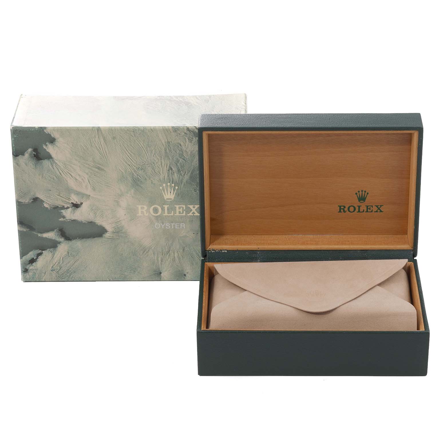 The image shows an empty Rolex Datejust 16233 Men's Steel and Gold (two tone) Champagne Dial 16233 Men's Steel and Gold (two tone) Champagne Dial watch box and its outer packaging from a front angle.