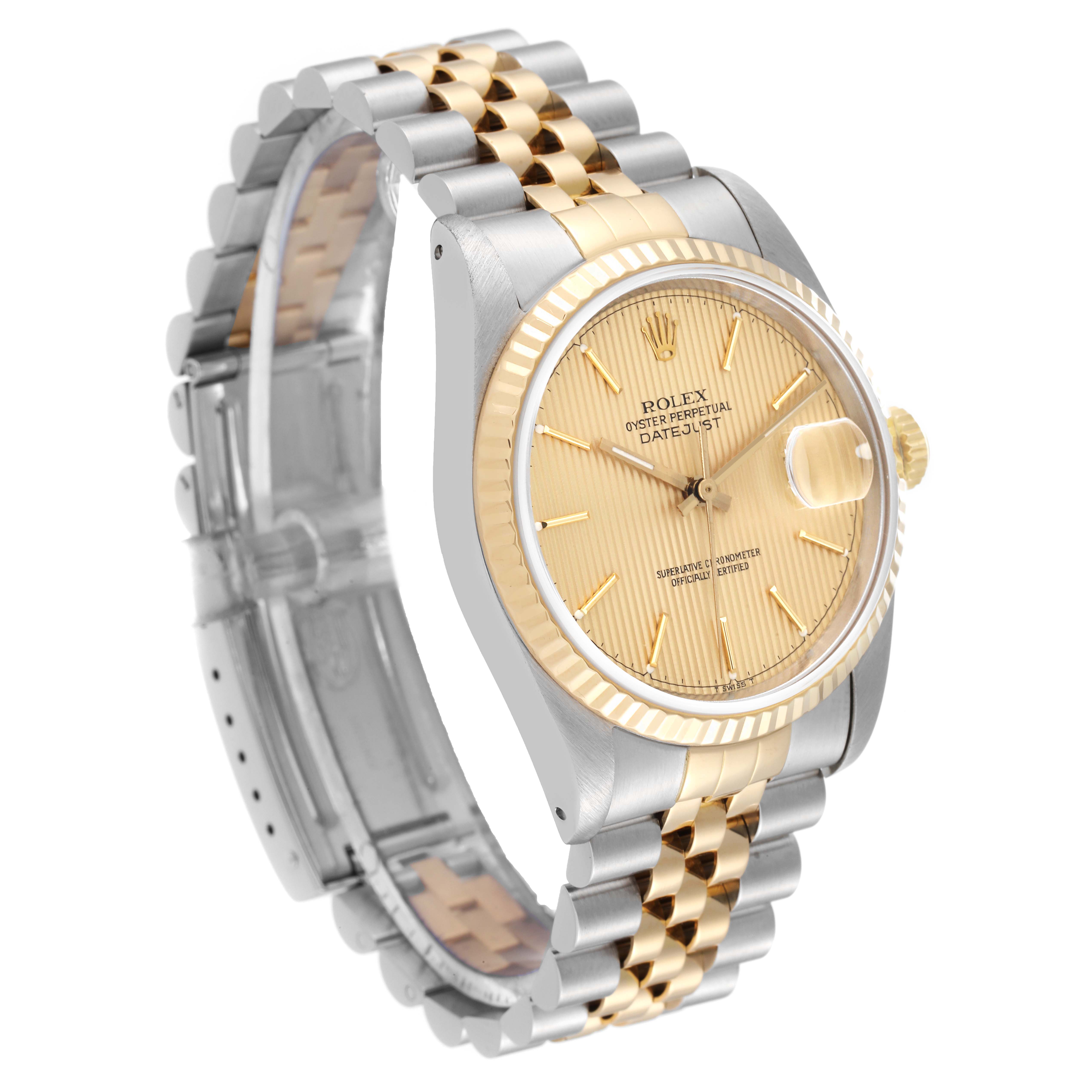 The image shows a Rolex Datejust 16233 Men's Steel and Gold (two tone) Champagne Dial 16233 Men's Steel and Gold (two tone) Champagne Dial watch at a three-quarter angle, highlighting the face, bezel, and two-tone bracelet.