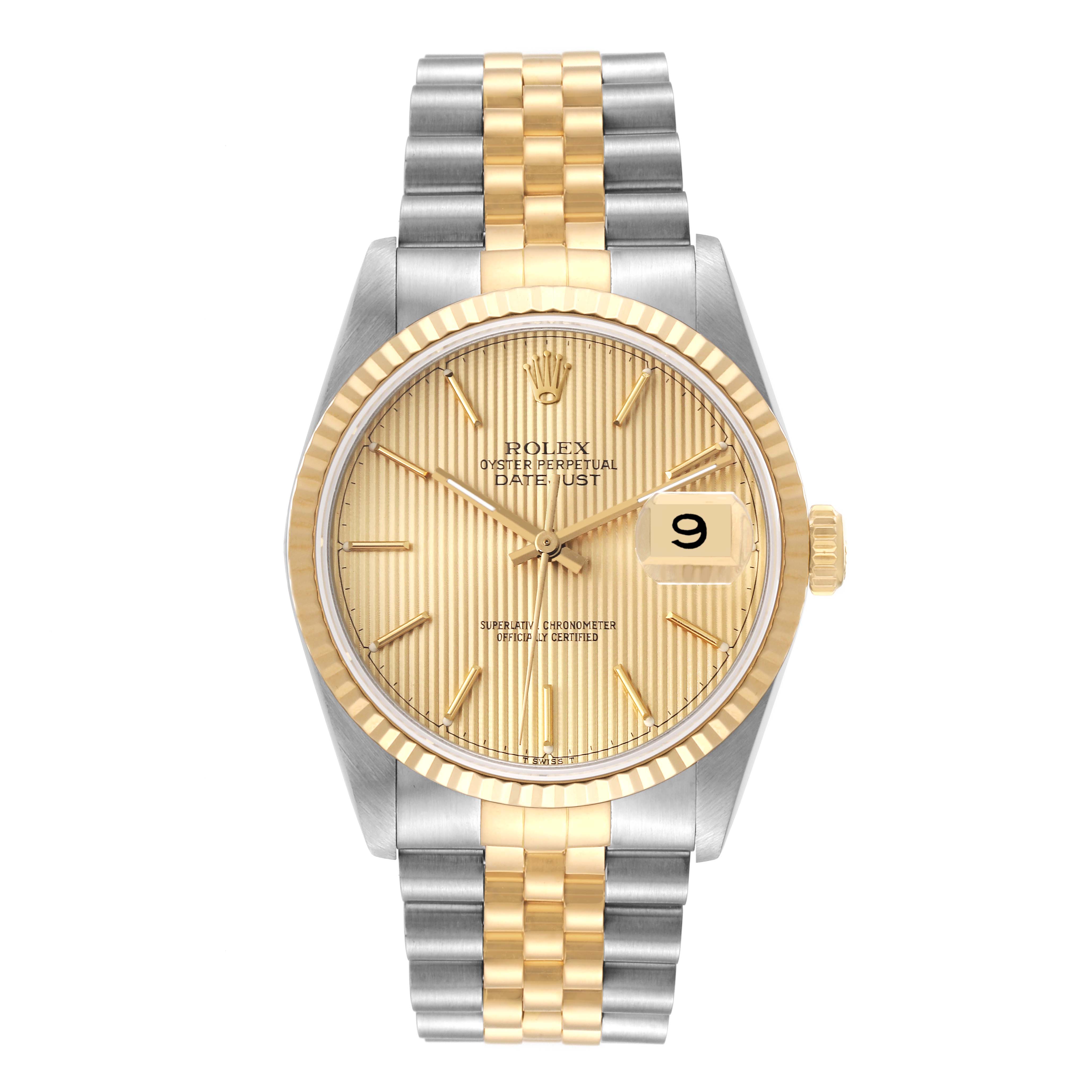 The image shows a frontal view of a Rolex Datejust 16233 Men's Steel and Gold (two tone) Champagne Dial 16233 Men's Steel and Gold (two tone) Champagne Dial watch, highlighting the golden bezel, dial, and the two-tone bracelet.