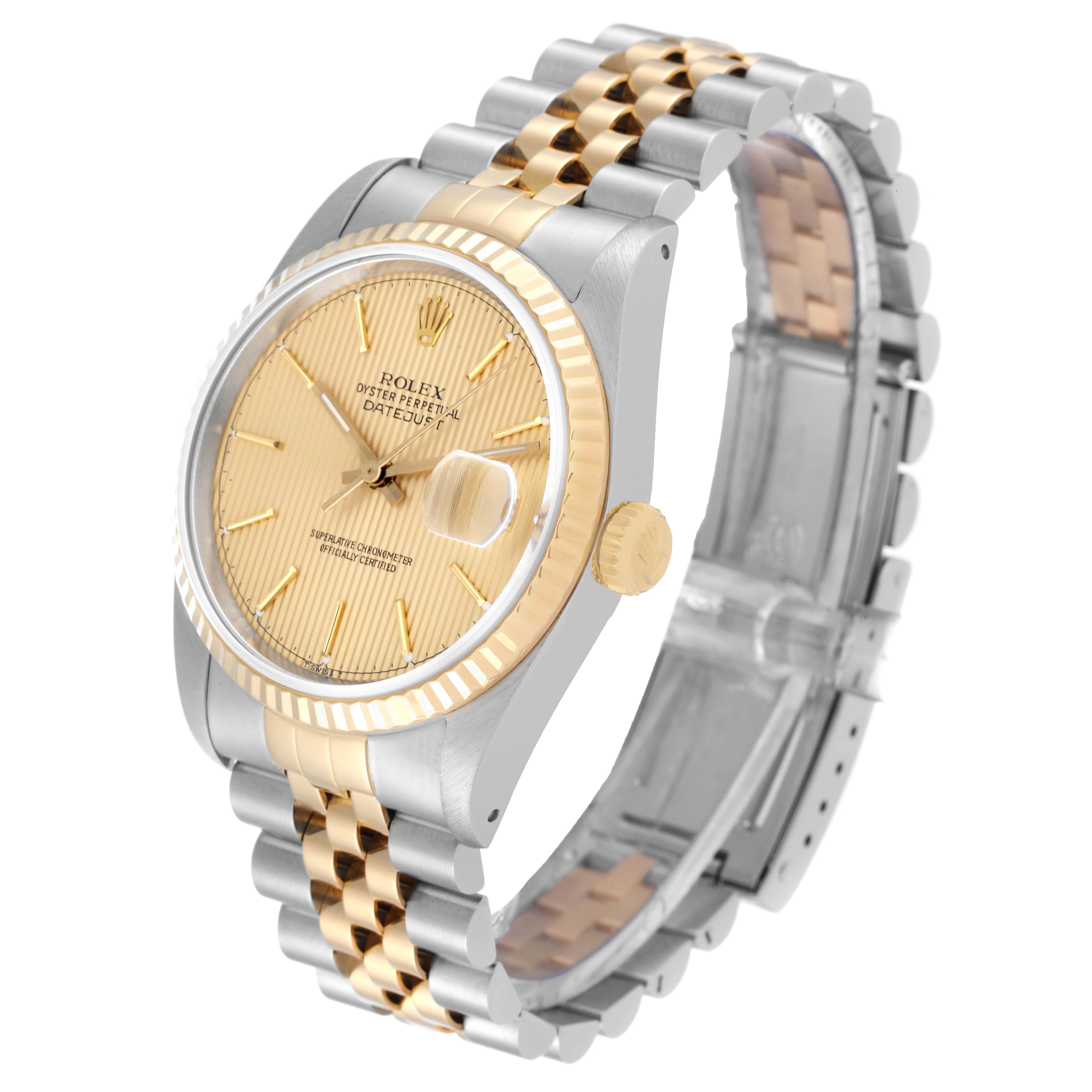 The image shows a Rolex Datejust 16233 Men's Steel and Gold (two tone) Champagne Dial 16233 Men's Steel and Gold (two tone) Champagne Dial watch at a slight angle, highlighting its dial, bezel, and two-tone Jubilee bracelet.