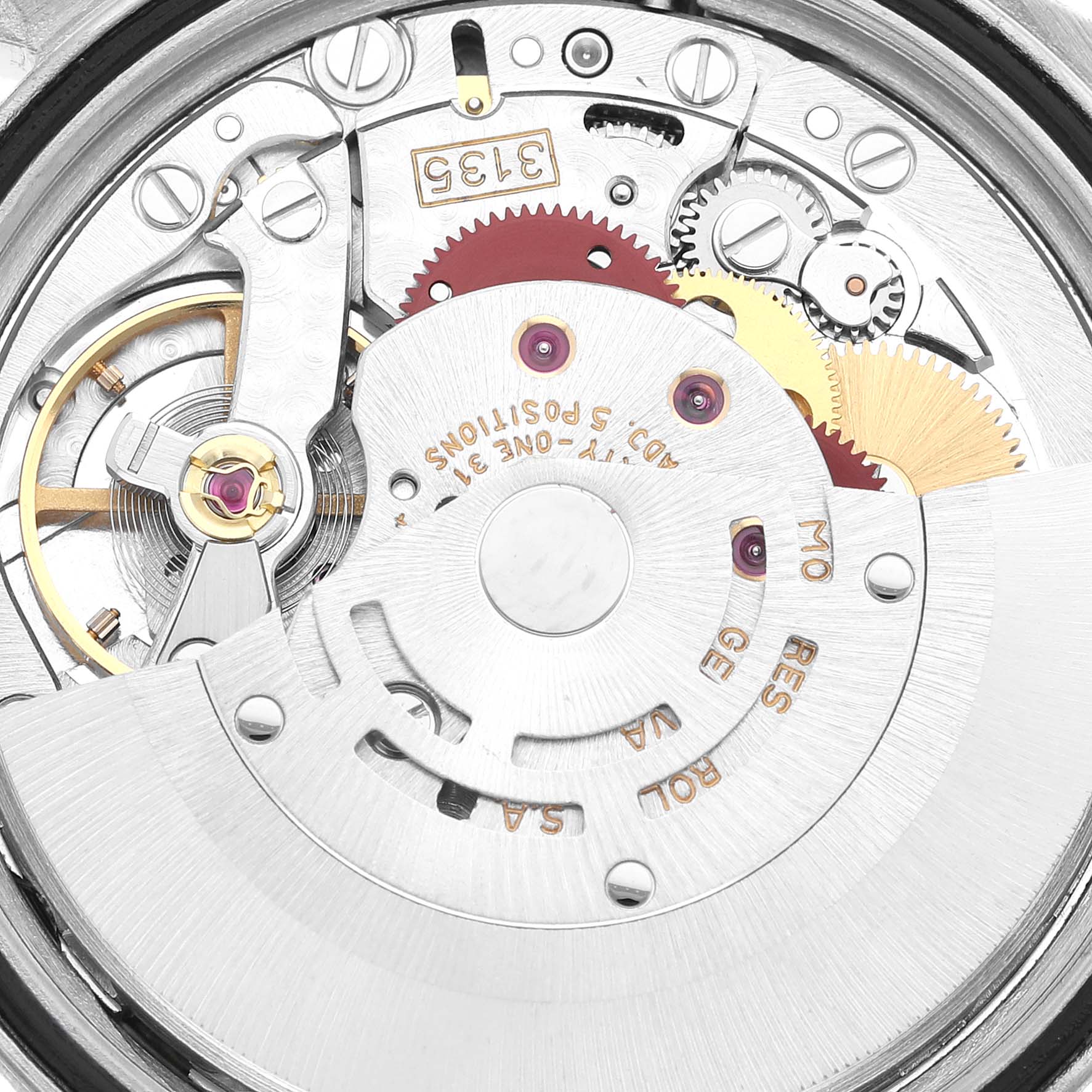 The image shows a close-up view of the Rolex Datejust 16233 Men's Steel and Gold (two tone) Champagne Dial 16233 Men's Steel and Gold (two tone) Champagne Dial's movement, highlighting the intricately engraved gears and mechanisms.