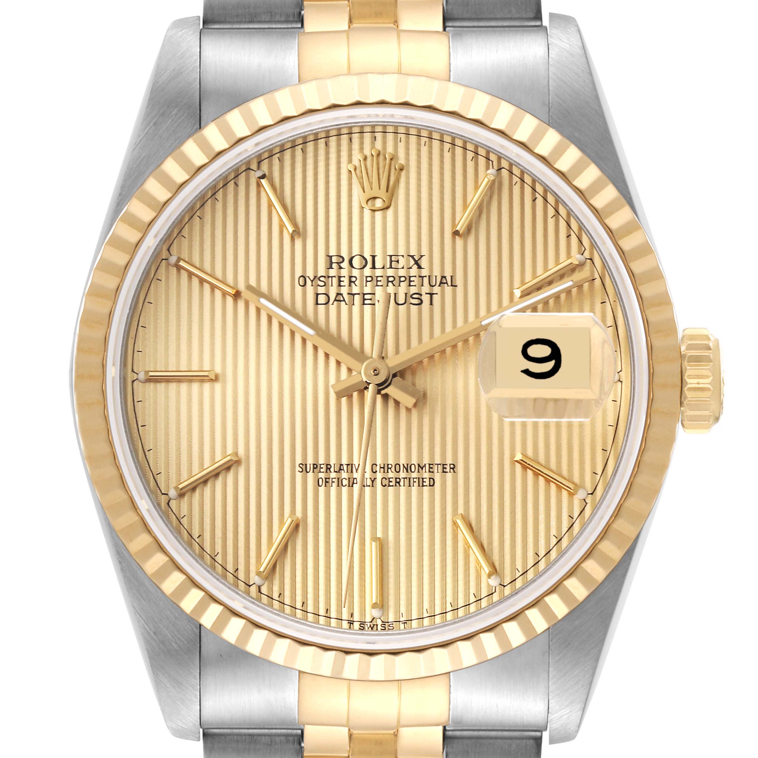 This is a close-up, front-facing view of a Rolex Datejust 16233 Men's Steel and Gold (two tone) Champagne Dial 16233 Men's Steel and Gold (two tone) Champagne Dial watch, showcasing the dial, bezel, crown, and part of the bracelet.