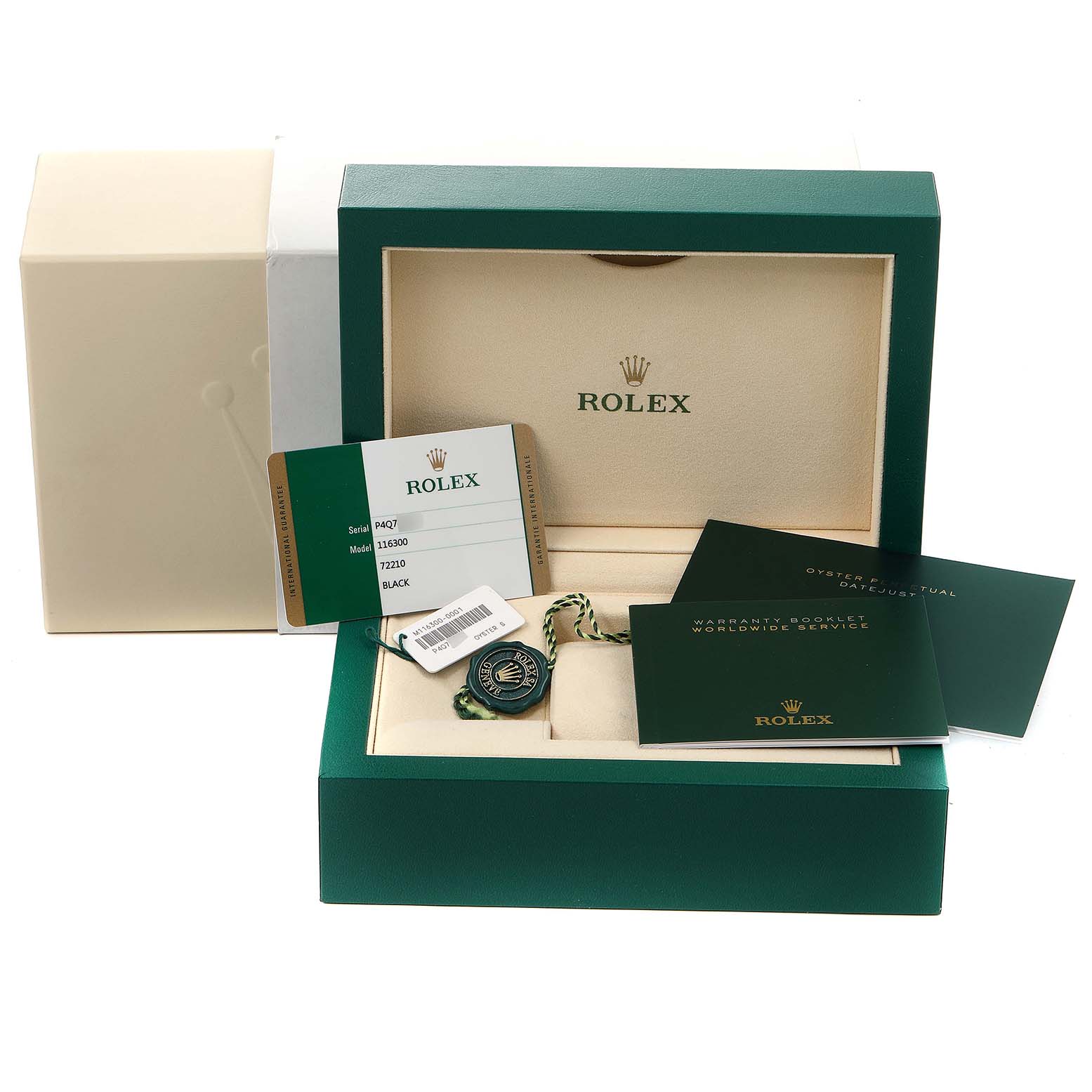 This image shows the packaging, warranty card, tags, and booklets for the Rolex Datejust 41 116300 Men
s Stainless Steel Black Dial 116300 Men
s Stainless Steel Black Dial model.