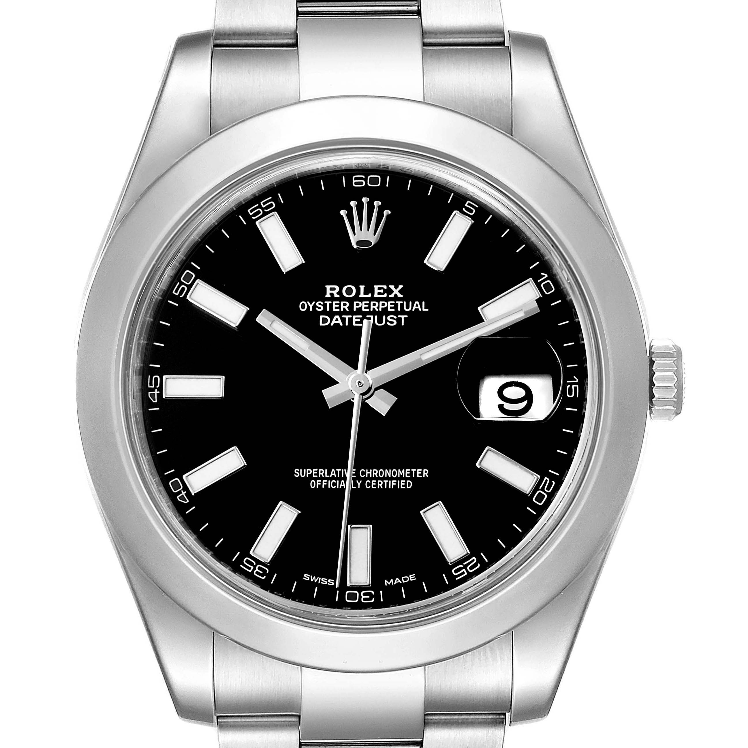 This image shows a front view of the Rolex Datejust 41 116300 Men
s Stainless Steel Black Dial 116300 Men
s Stainless Steel Black Dial watch, highlighting its black dial, markers, date window, and part of the bracelet.