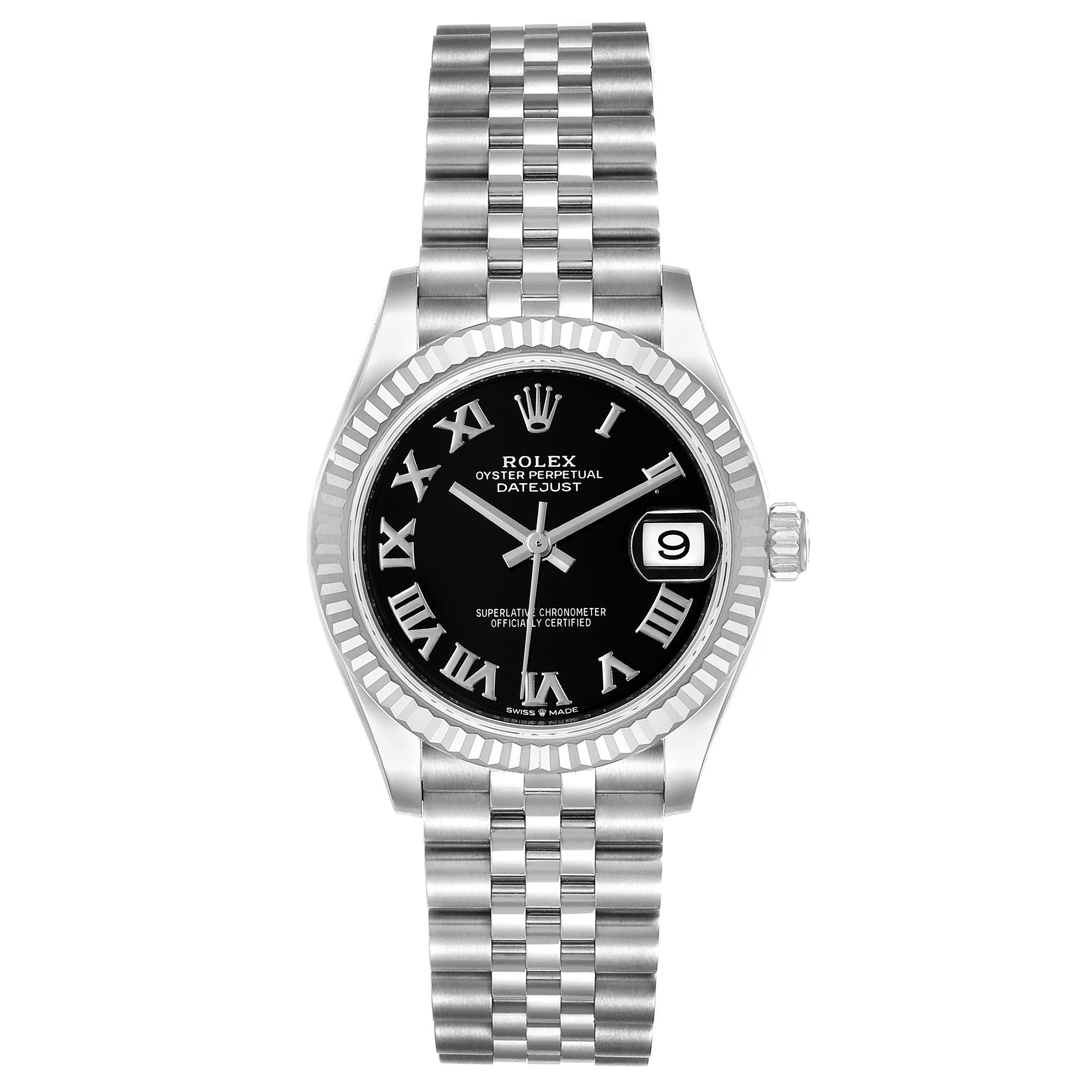 This image shows a front view of a Rolex Oyster Perpetual Datejust Mid-Size watch, highlighting its dial, bezel, and bracelet.