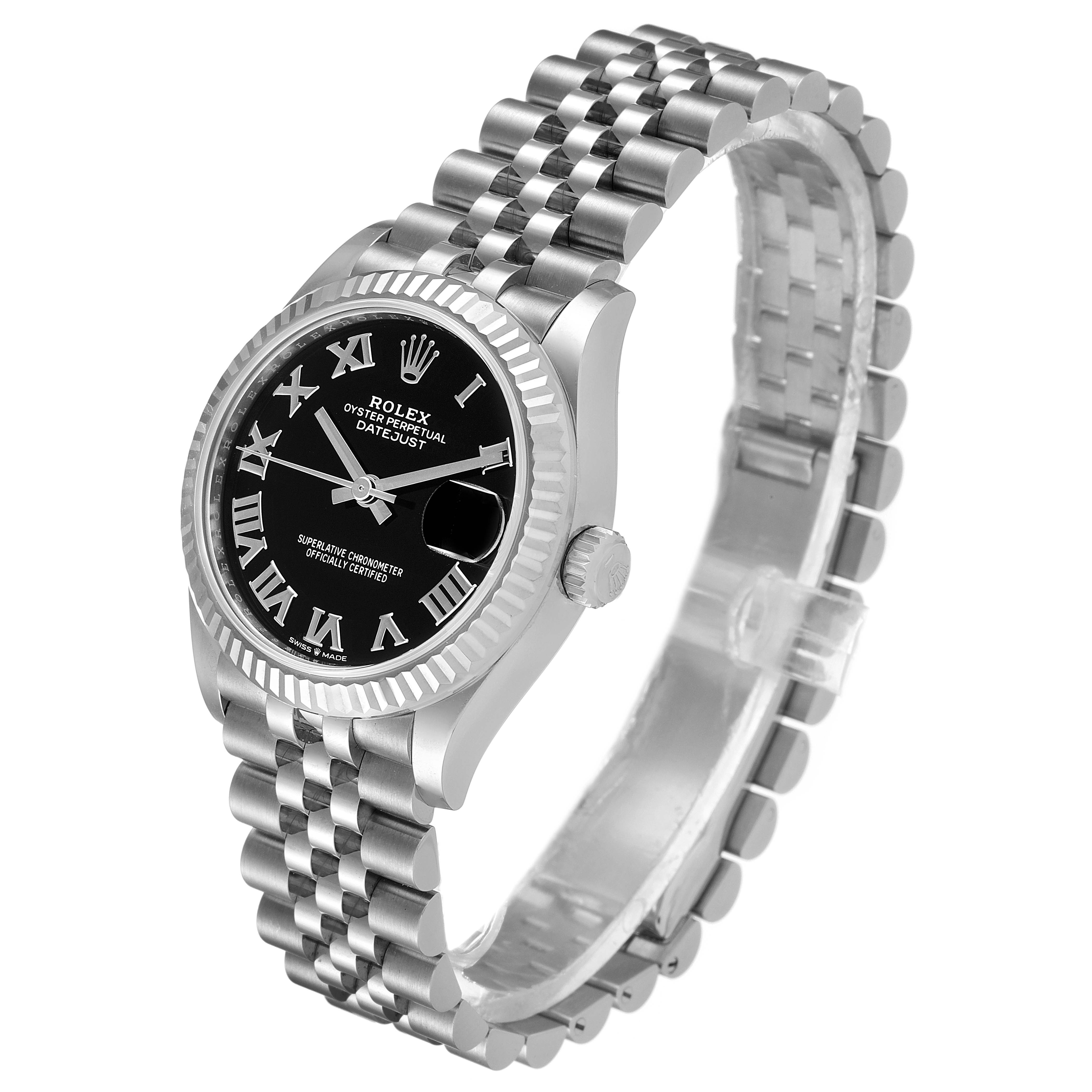 The Rolex Mid-Size 278274 Women's Stainless Steel Black Dial 278274 Women's Stainless Steel Black Dial Datejust watch is shown at an angled view displaying the dial, bezel, crown, and a portion of the bracelet.