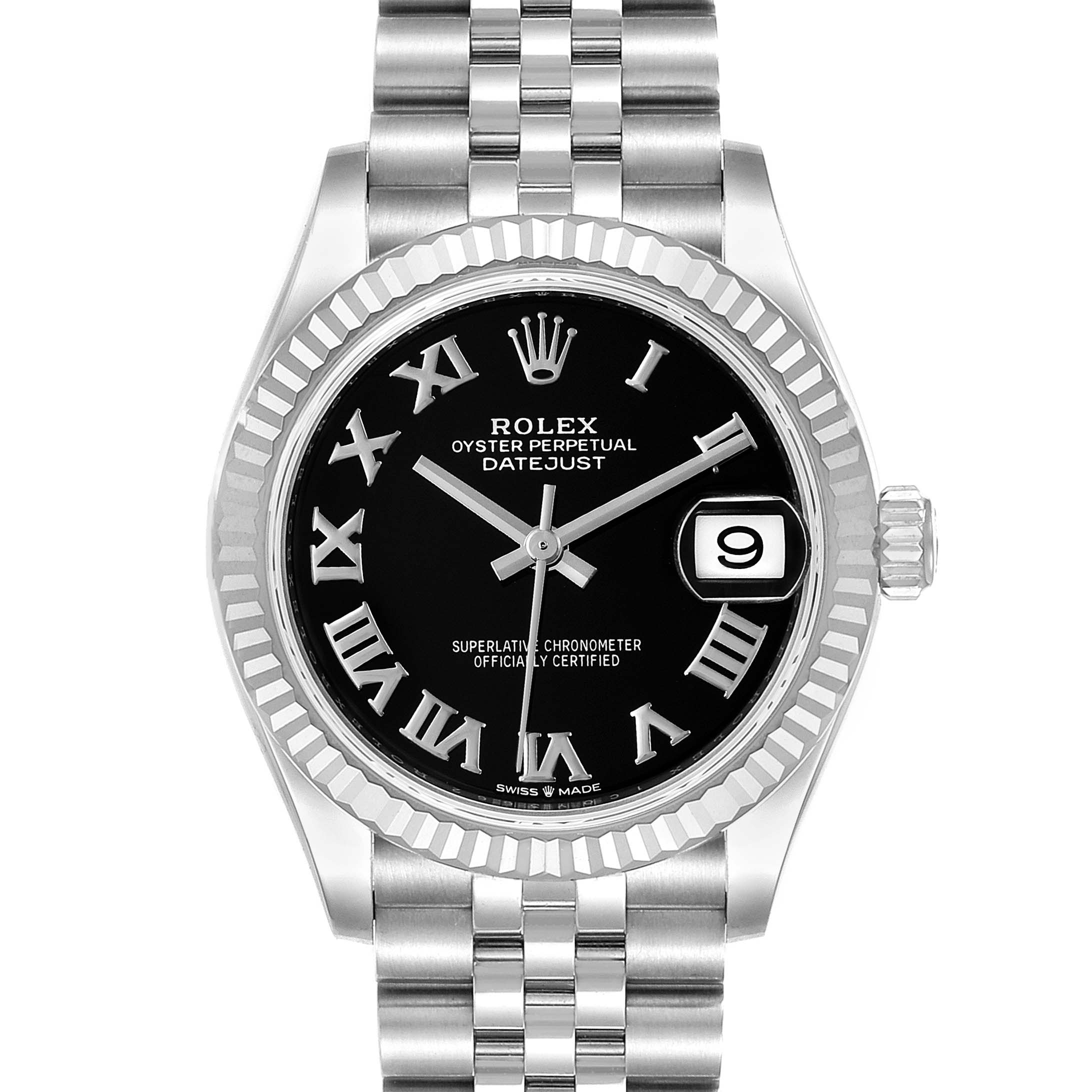 This image shows a front view of the Rolex Mid-Size 278274 Women's Stainless Steel Black Dial 278274 Women's Stainless Steel Black Dial Oyster Perpetual Datejust watch, highlighting the dial, bezel, and bracelet.