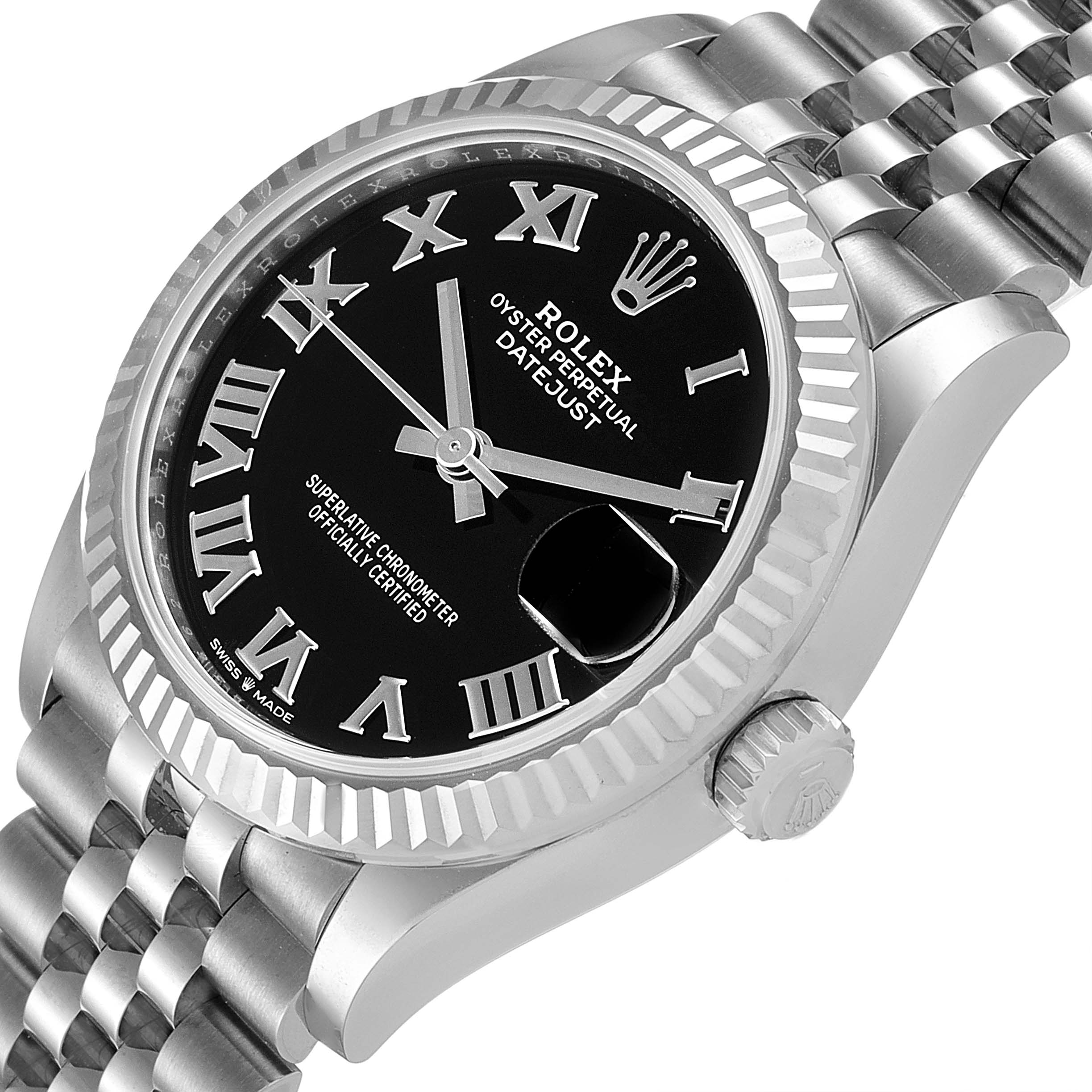 This image shows an angled side view of the Rolex Oyster Perpetual Datejust Mid-Size, highlighting the dial, bezel, crown, and bracelet.
