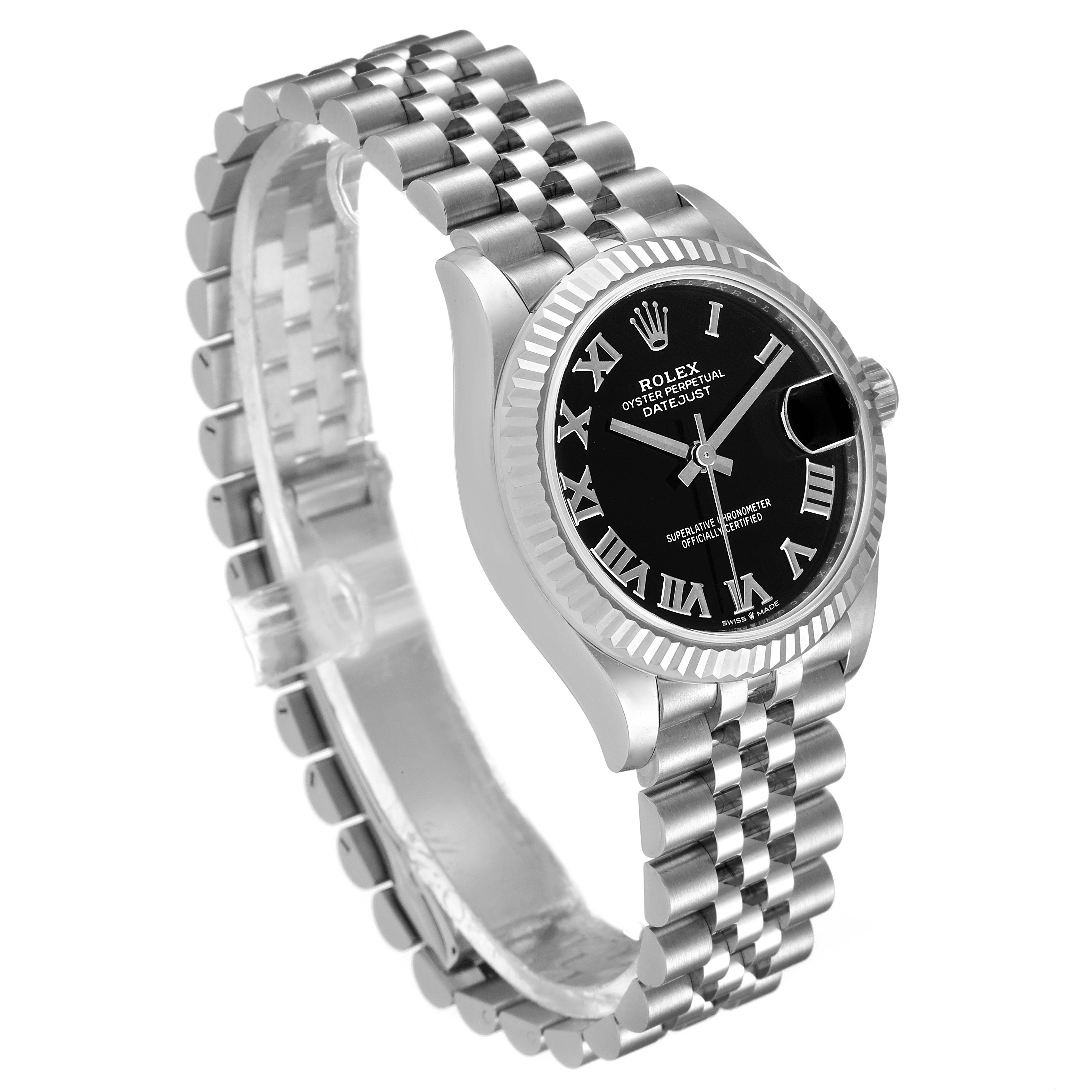 The image shows a Rolex Datejust Mid-Size watch with a black dial and jubilee bracelet at a slight left-side angle.