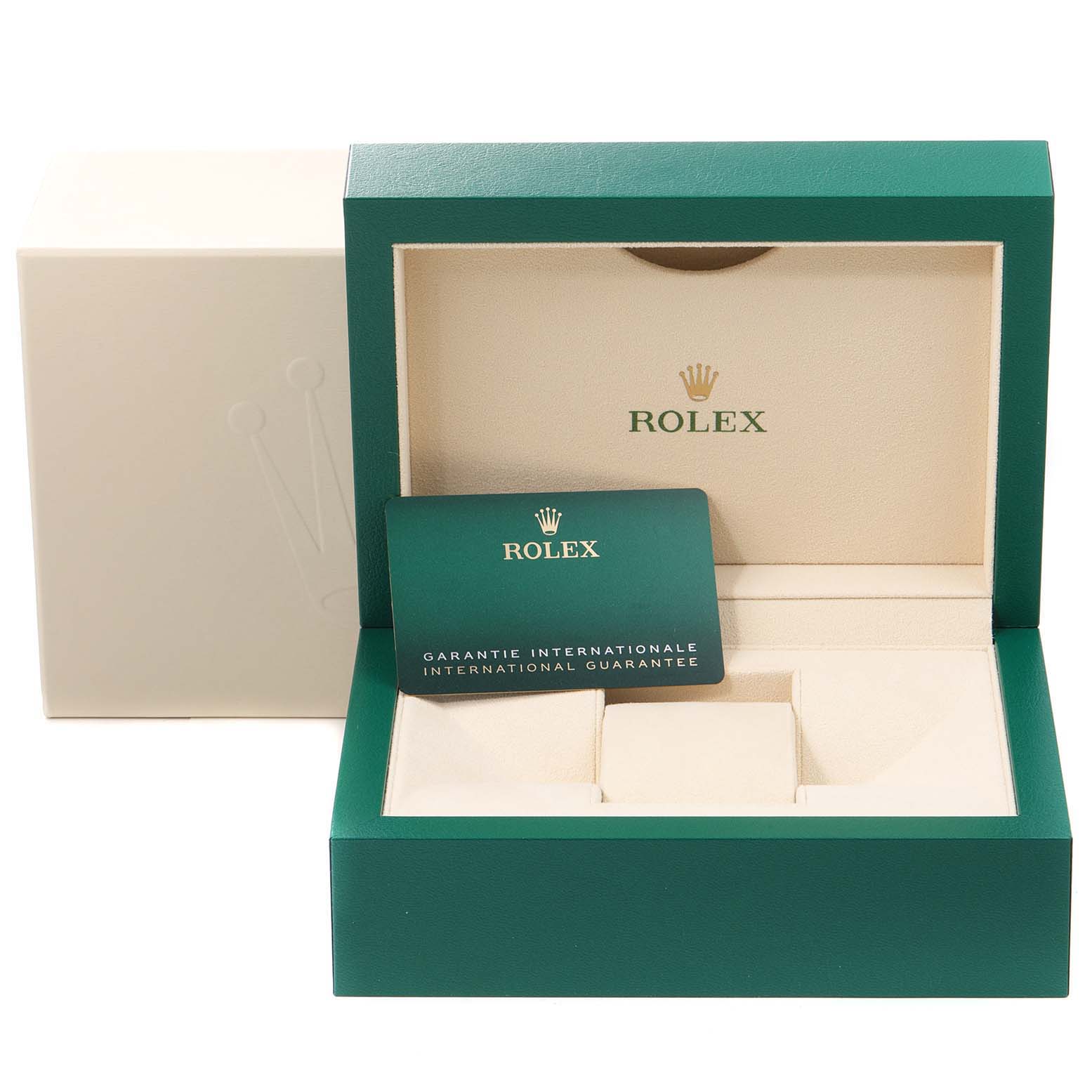 The image shows an open Rolex Mid-Size 278274 Women's Stainless Steel Black Dial 278274 Women's Stainless Steel Black Dial watch box and its international guarantee card.