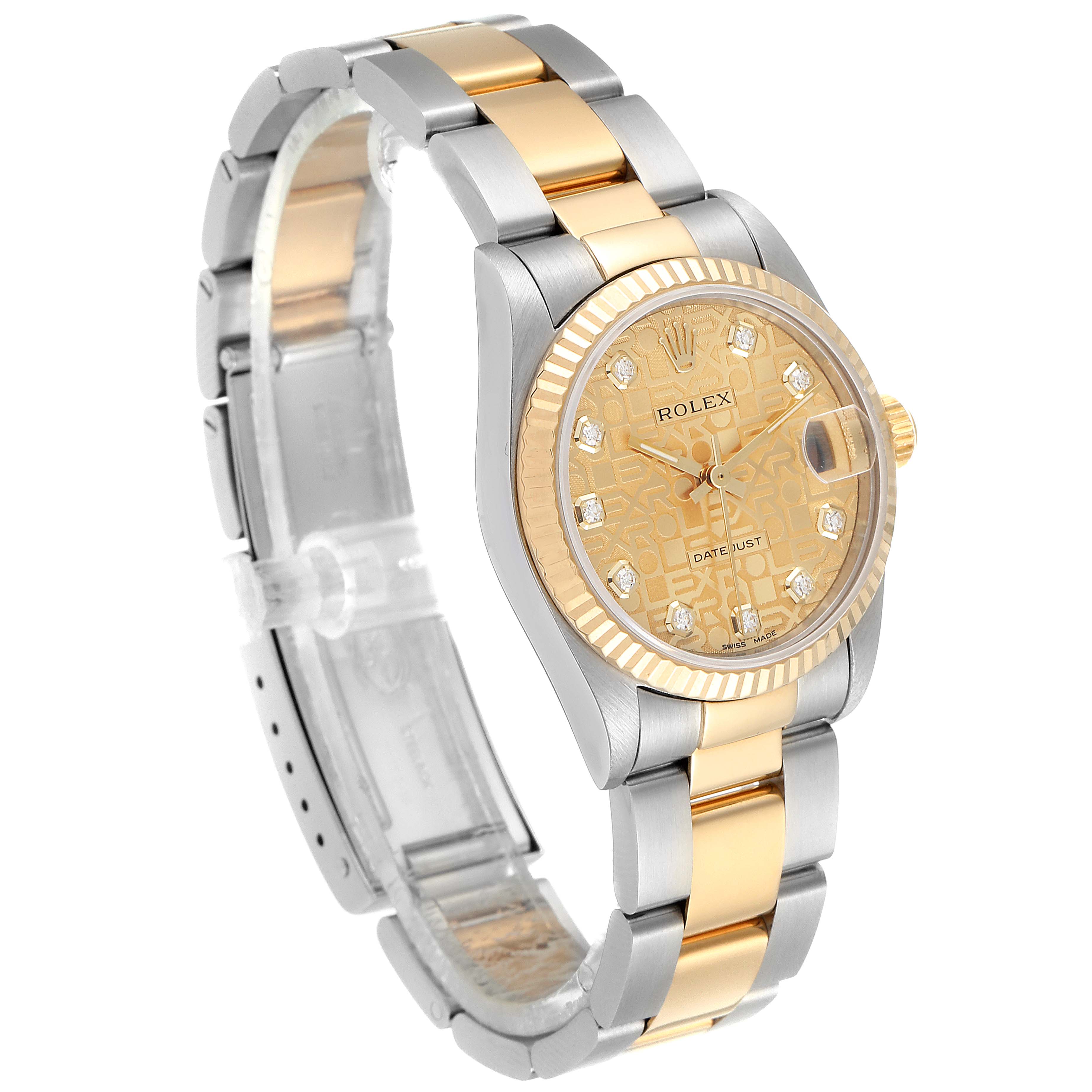 The image shows a Rolex Mid-Size 68273 Women's Steel and Gold (two tone) Champagne Dial 68273 Women's Steel and Gold (two tone) Champagne Dial Datejust watch at a three-quarter angle, highlighting its two-tone bracelet, dial, and fluted bezel.