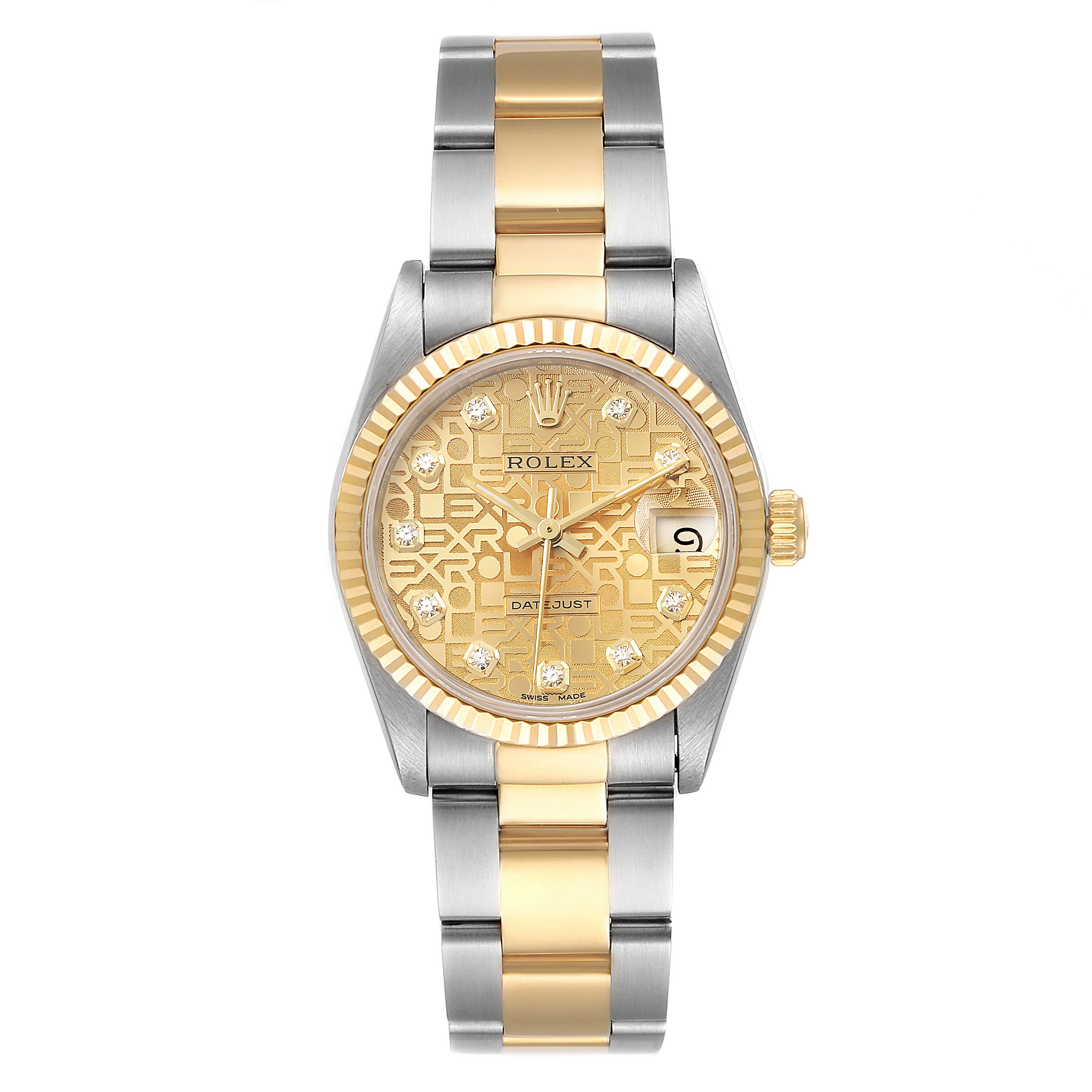 This image shows a front view of a Rolex Mid-Size 68273 Women's Steel and Gold (two tone) Champagne Dial 68273 Women's Steel and Gold (two tone) Champagne Dial Datejust watch with a two-tone band and a gold dial.